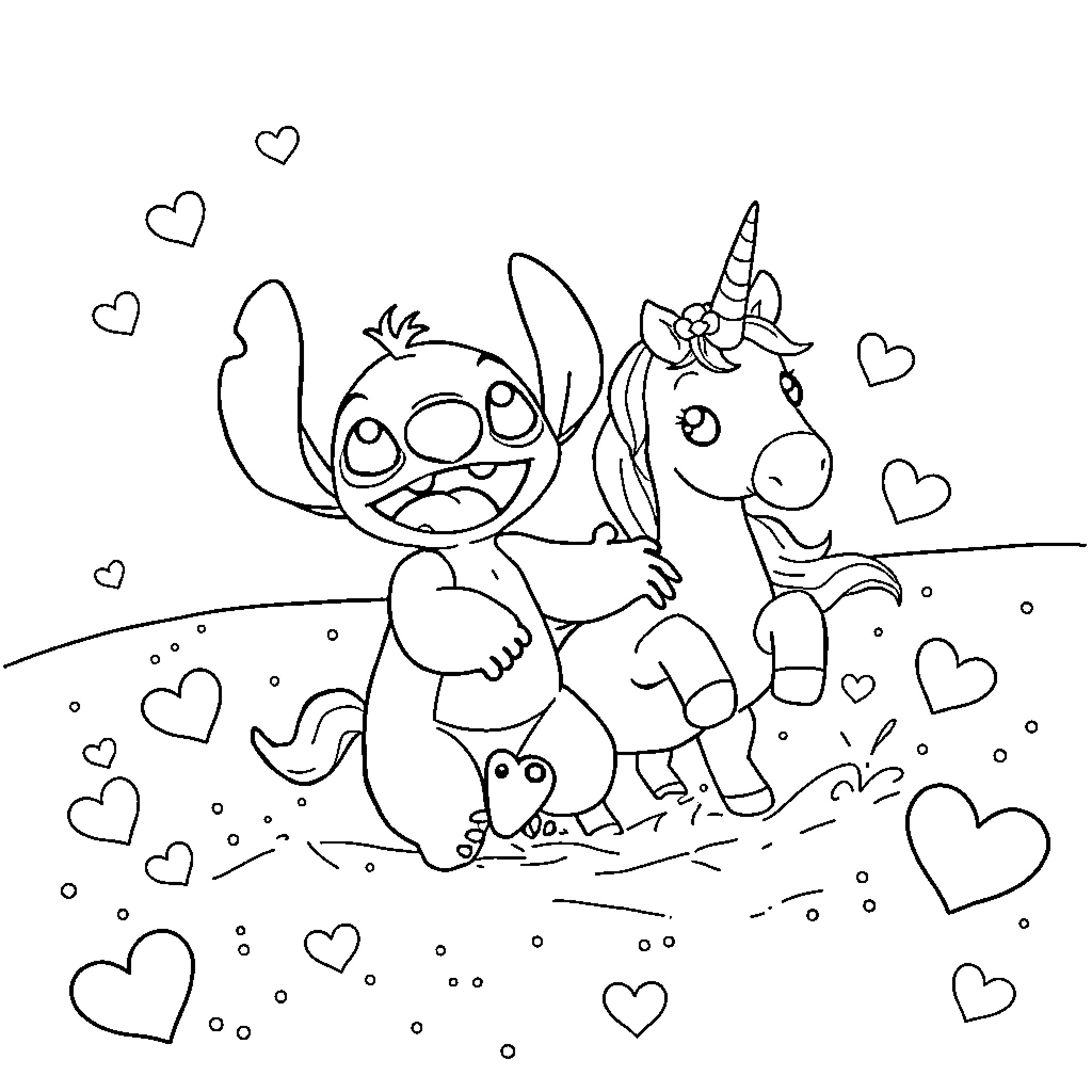 Stitch hugging a unicorn amidst hearts Coloring Page (free black-and-white line drawing printable PDF for all, from beginners to advanced learners, including children, teens, adults, and seniors)