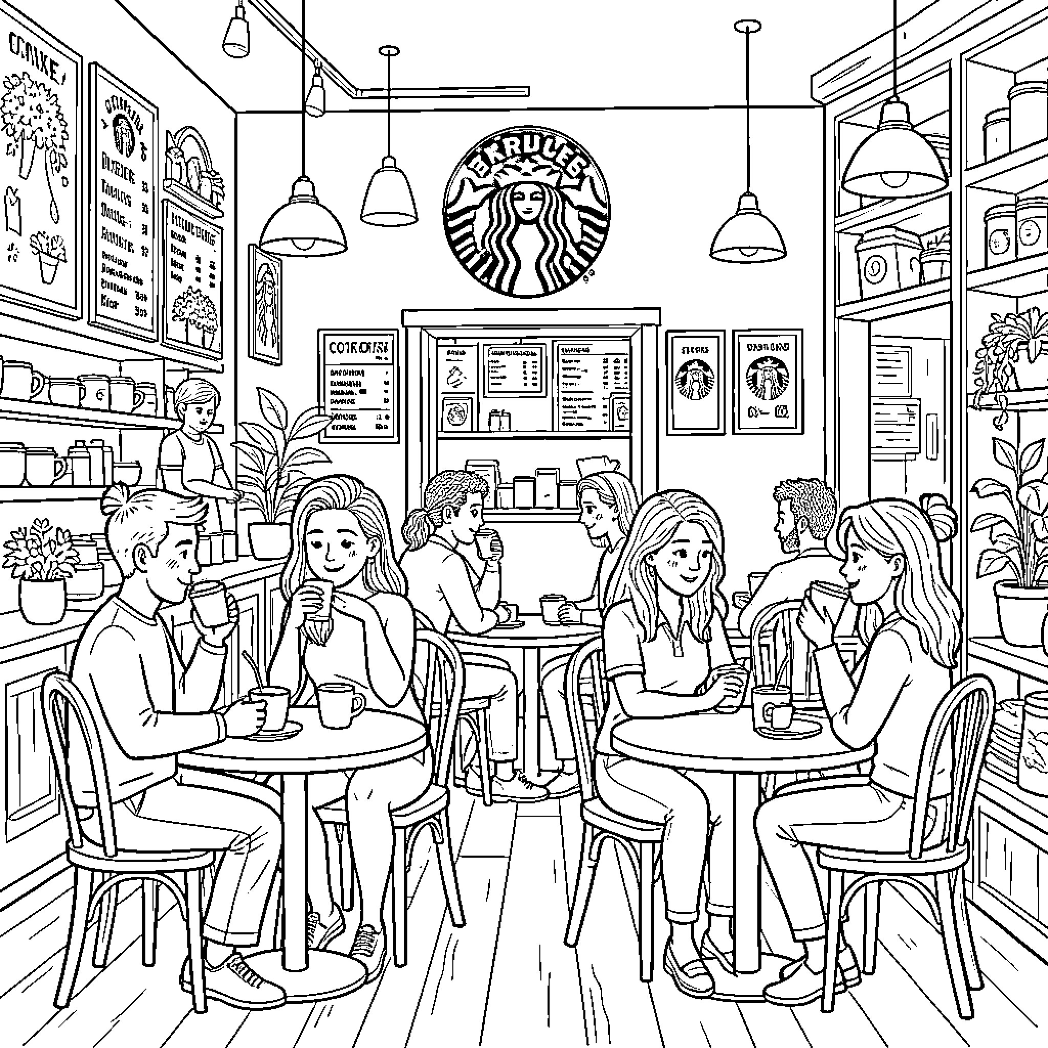 Starbucks cafe with customers enjoying beverages and conversation Coloring Page (free black-and-white line drawing printable PDF for all, from beginners to advanced learners, including children, teens, adults, and seniors)