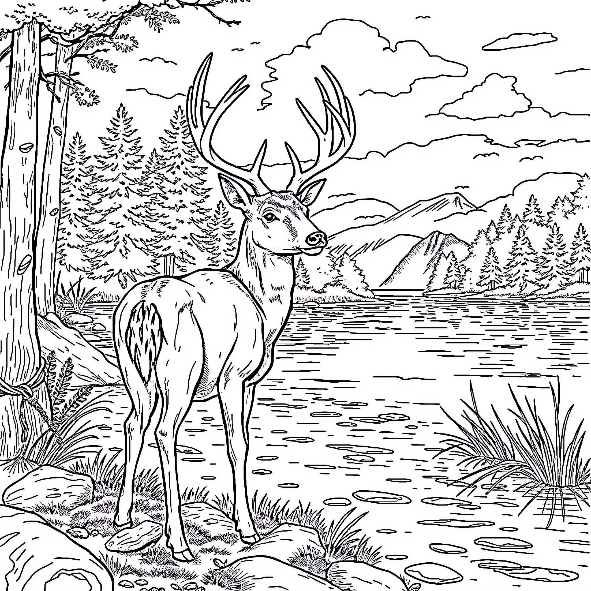 Deer standing by the serene lake in the forest Coloring Page (free black-and-white line drawing printable PDF for all, from beginners to advanced learners, including children, teens, adults, and seniors)