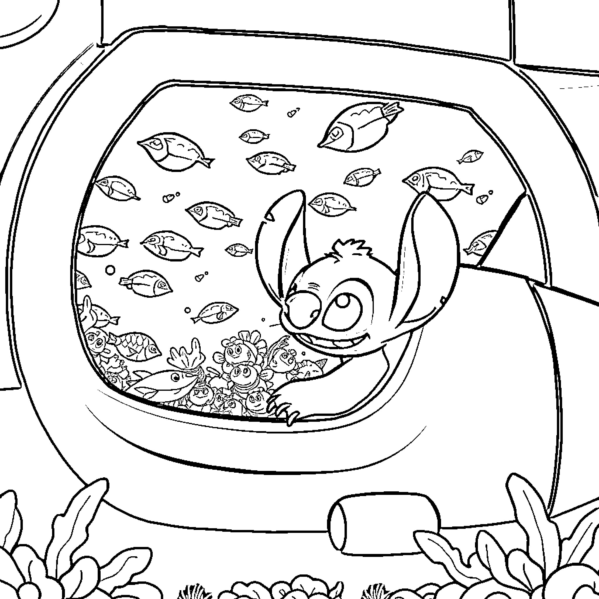 Lilo exploring the underwater world Coloring Page (free black-and-white line drawing printable PDF for all, from beginners to advanced learners, including children, teens, adults, and seniors)