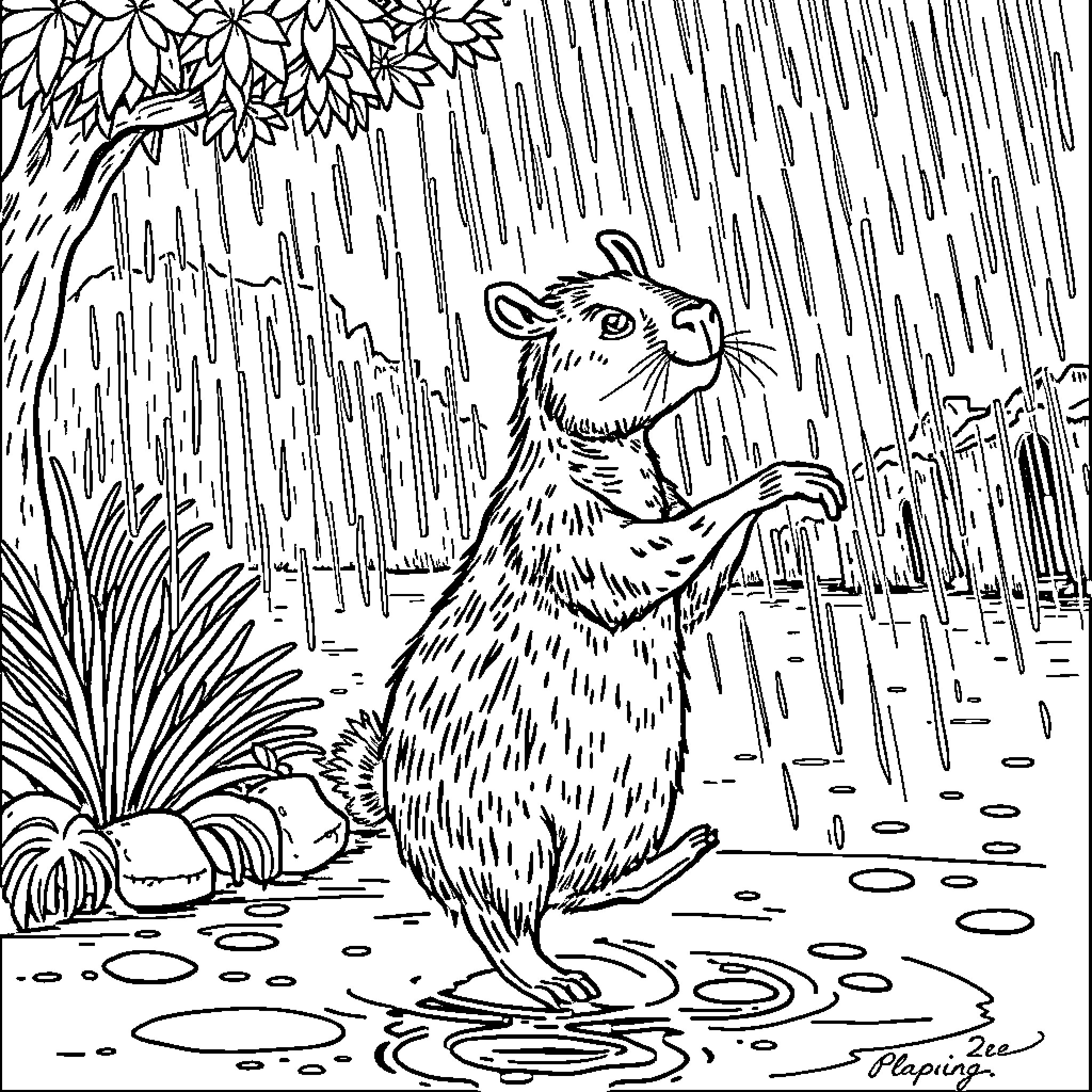 Capybara enjoying the rain in the wild Coloring Page (free black-and-white line drawing printable PDF for all, from beginners to advanced learners, including children, teens, adults, and seniors)