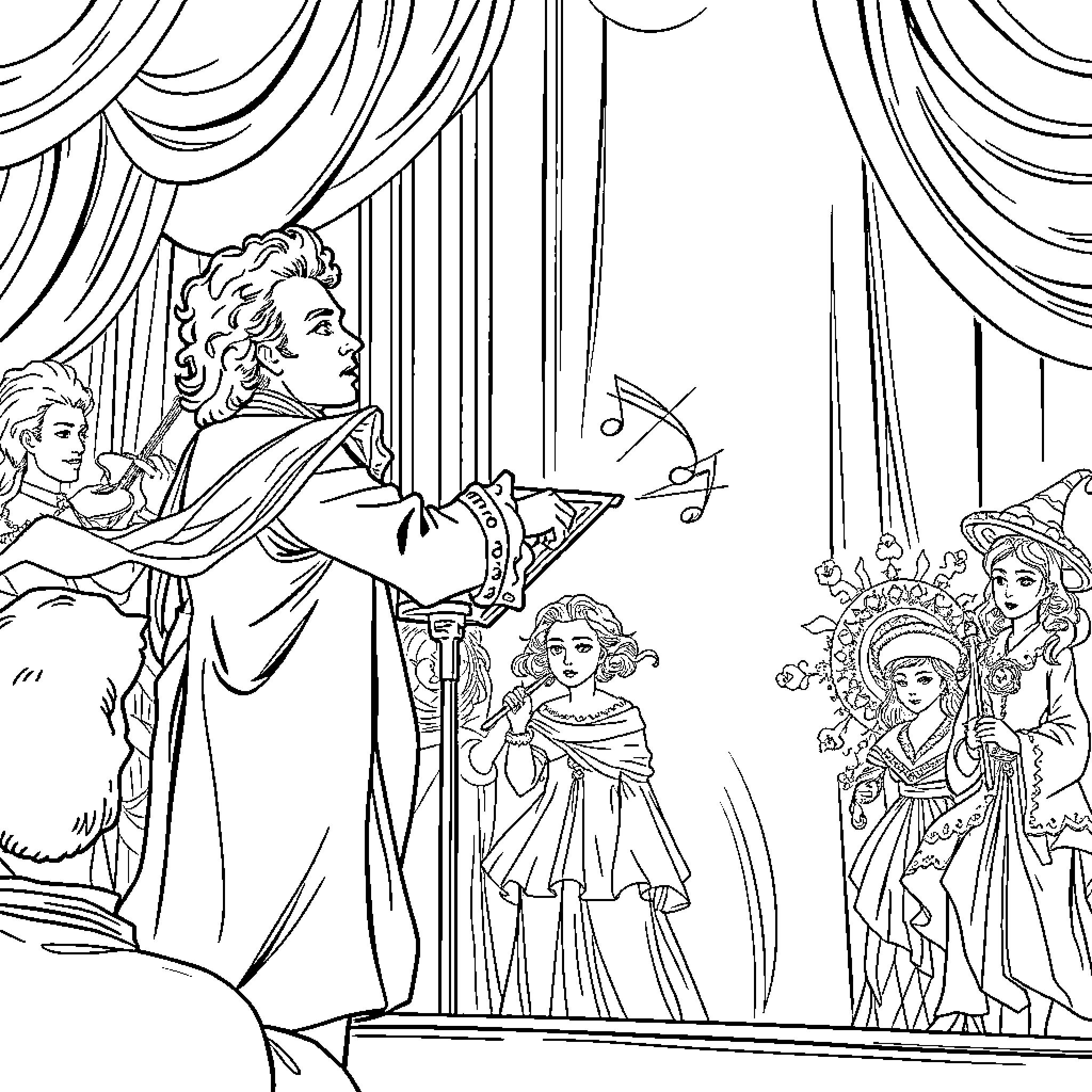 Mozart conducting a grand musical performance Coloring Page (free black-and-white line drawing printable PDF for all, from beginners to advanced learners, including children, teens, adults, and seniors)