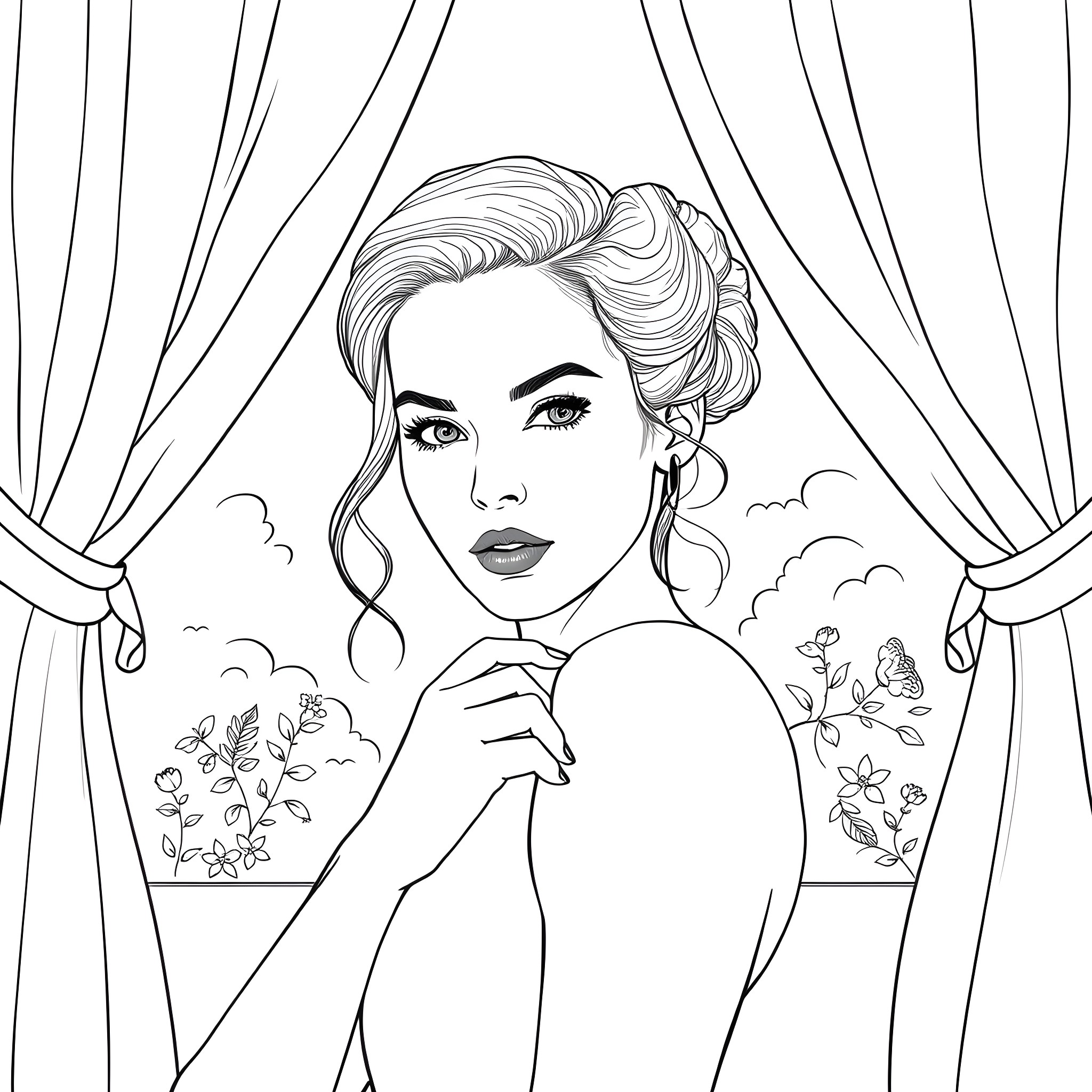 Anya Taylor-Joy in a Stylized Theatrical Portrait Coloring Page (free black-and-white line drawing printable PDF for all, from beginners to advanced learners, including children, teens, adults, and seniors)