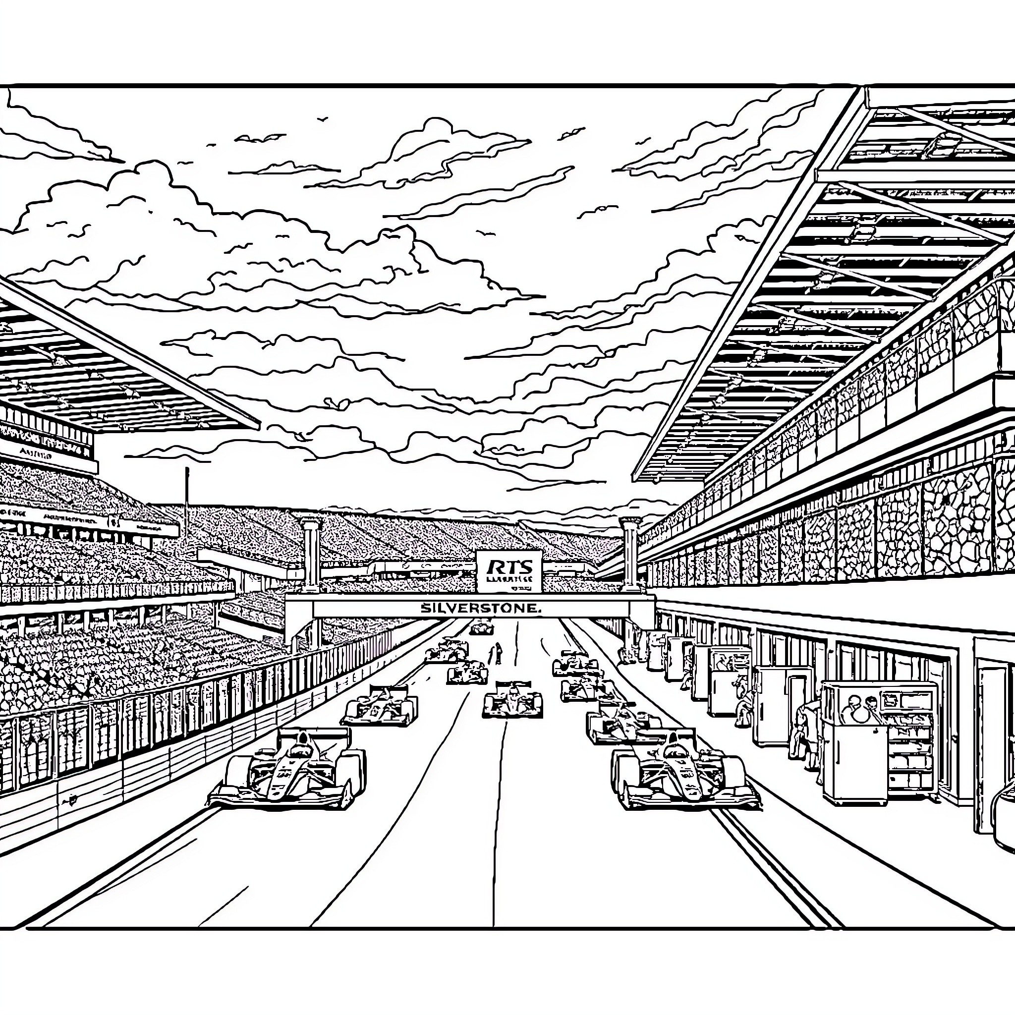 Racetrack with speeding cars on the circuit Coloring Page (free black-and-white line drawing printable PDF for all, from beginners to advanced learners, including children, teens, adults, and seniors)