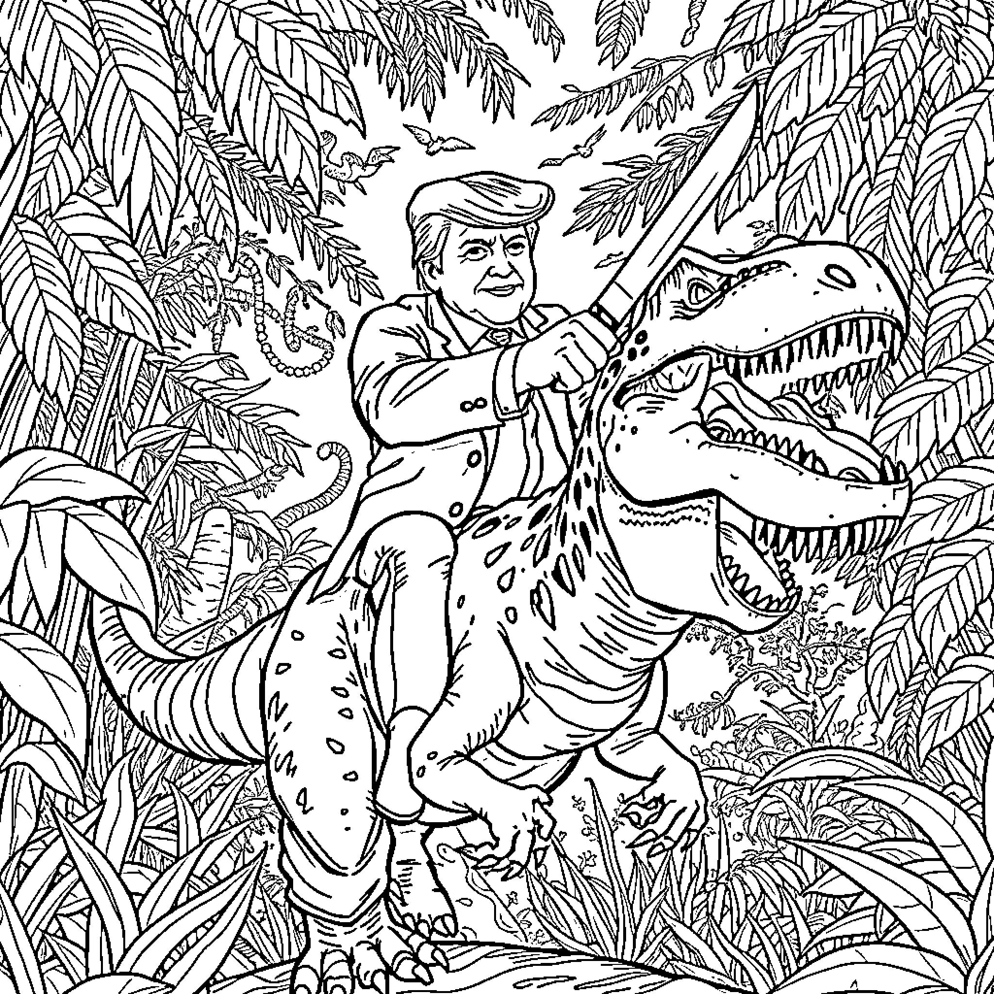Donald Trump exploring the jungle with a dinosaur Coloring Page (free black-and-white line drawing printable PDF for all, from beginners to advanced learners, including children, teens, adults, and seniors)