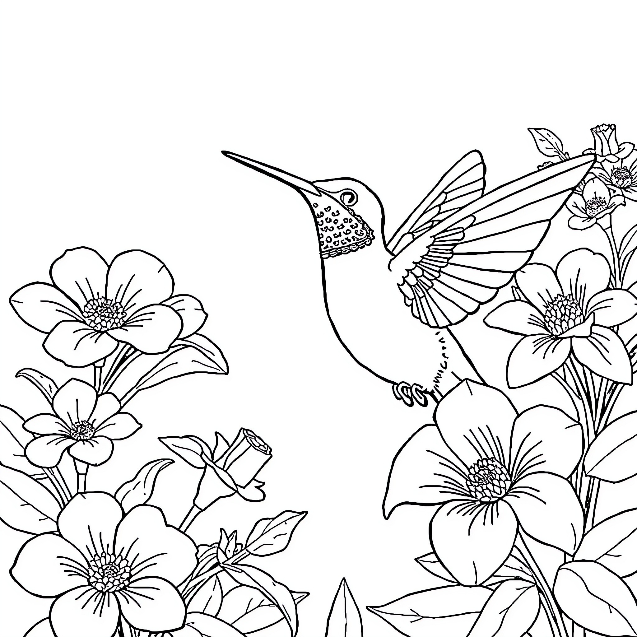 Hummingbird amidst vibrant floral bloom Coloring Page (free black-and-white line drawing printable PDF for all, from beginners to advanced learners, including children, teens, adults, and seniors)