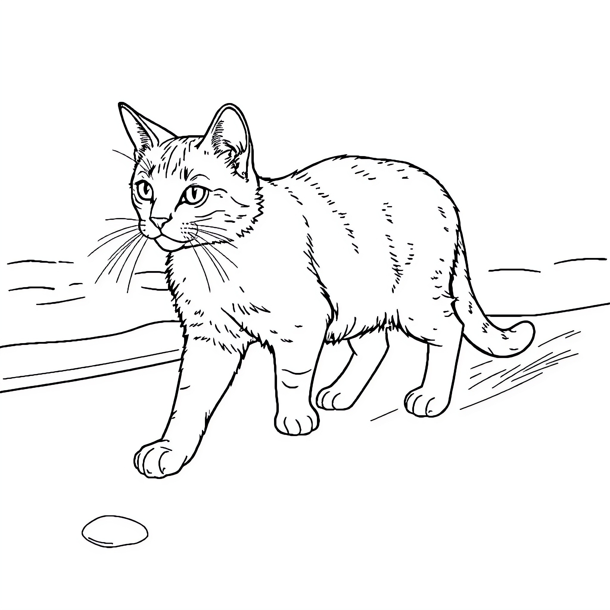 Cat exploring outdoors Coloring Page (free black-and-white line drawing printable PDF for all, from beginners to advanced learners, including children, teens, adults, and seniors)