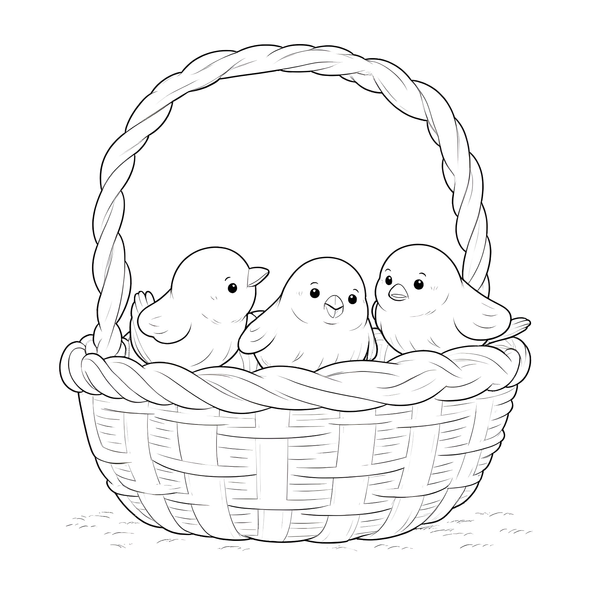 Bird chicks in a woven basket Coloring Page (free black-and-white line drawing printable PDF for all, from beginners to advanced learners, including children, teens, adults, and seniors)