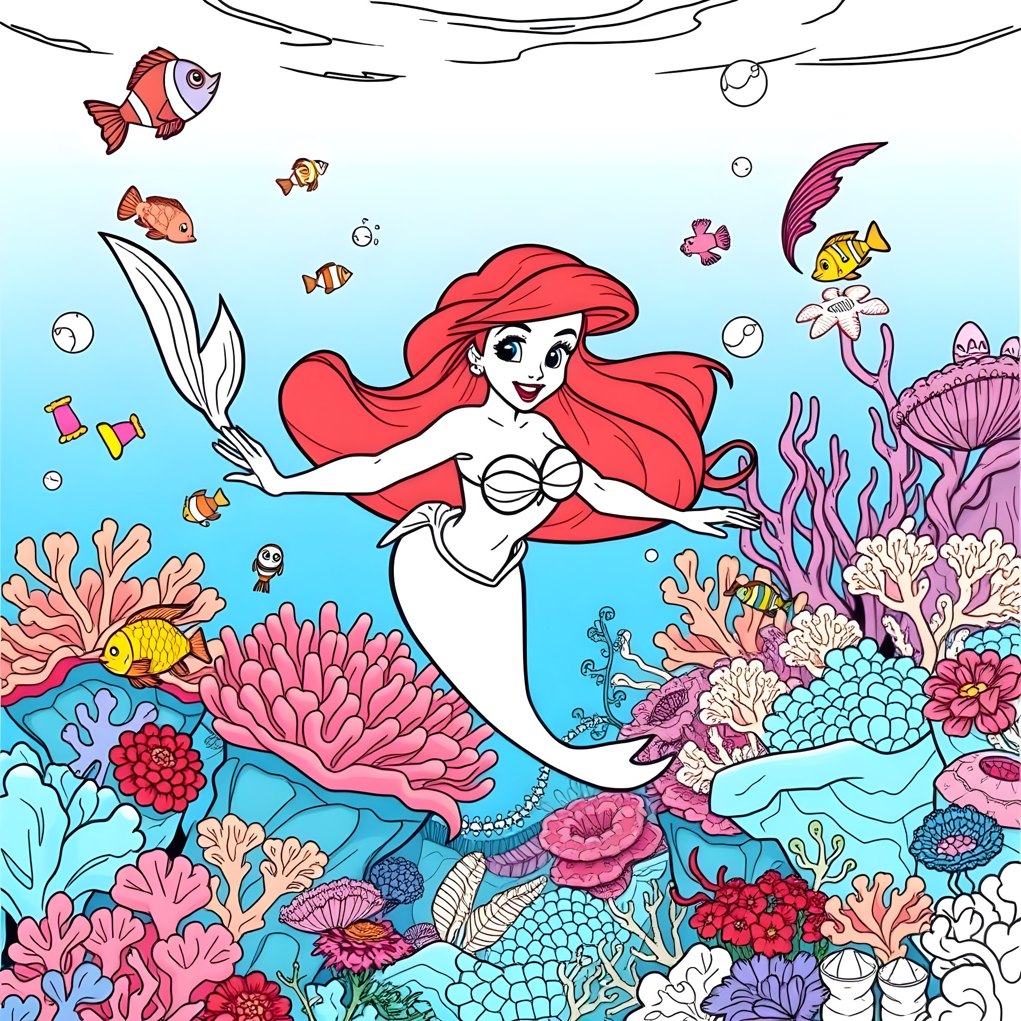 Ariel swimming amidst vibrant sea creatures and coral Coloring Page (free black-and-white line drawing printable PDF for all, from beginners to advanced learners, including children, teens, adults, and seniors)