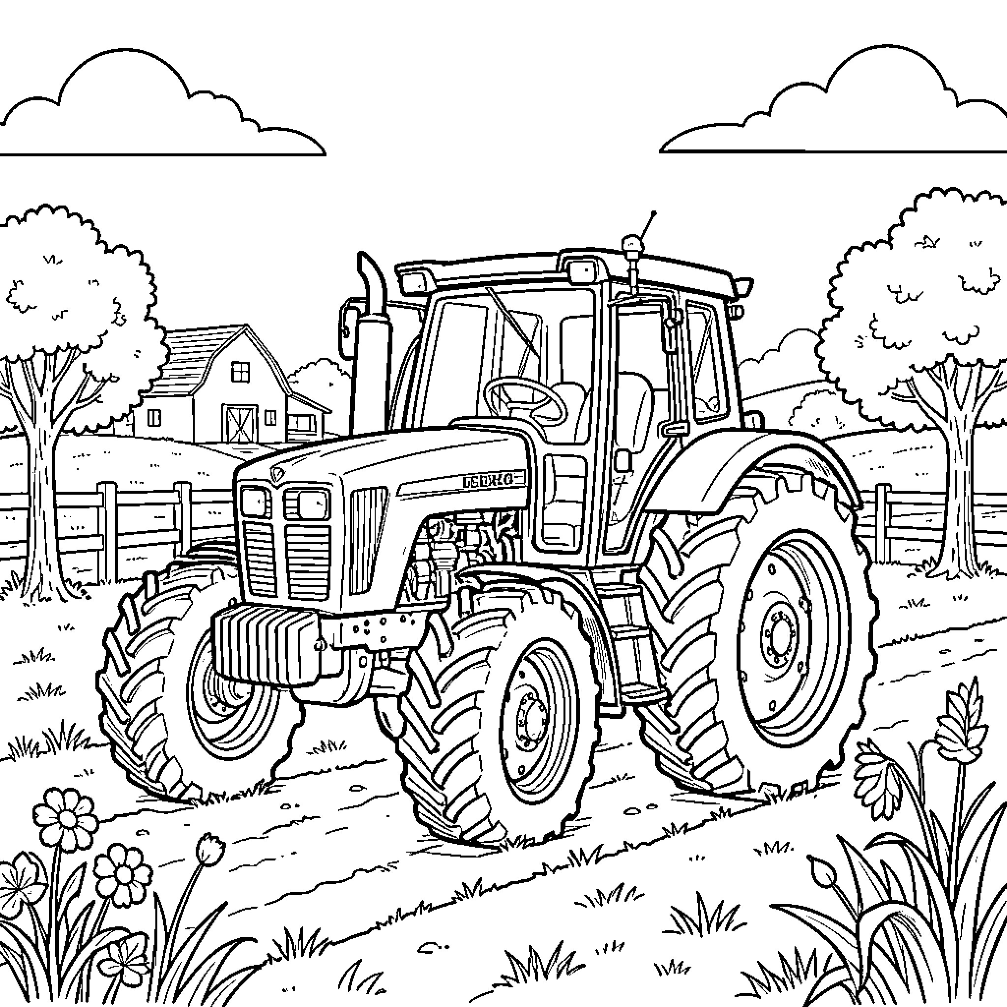 Tractor parked on a farm path near a barn Coloring Page (free black-and-white line drawing printable PDF for all, from beginners to advanced learners, including children, teens, adults, and seniors)