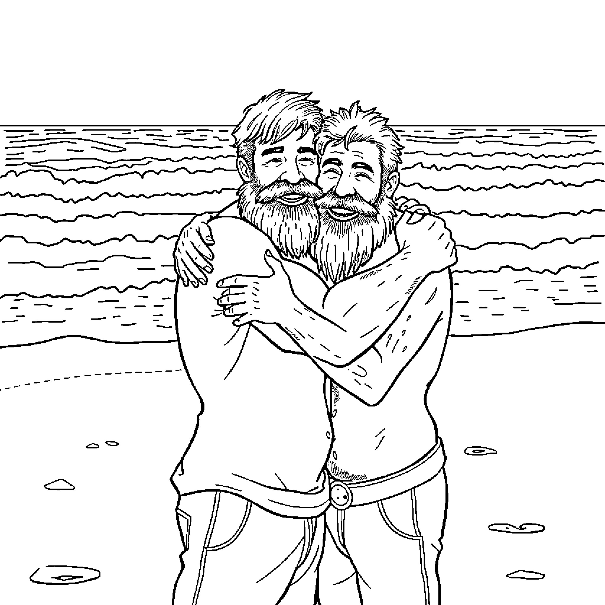 Man embracing friend by the sea Coloring Page (free black-and-white line drawing printable PDF for all, from beginners to advanced learners, including children, teens, adults, and seniors)