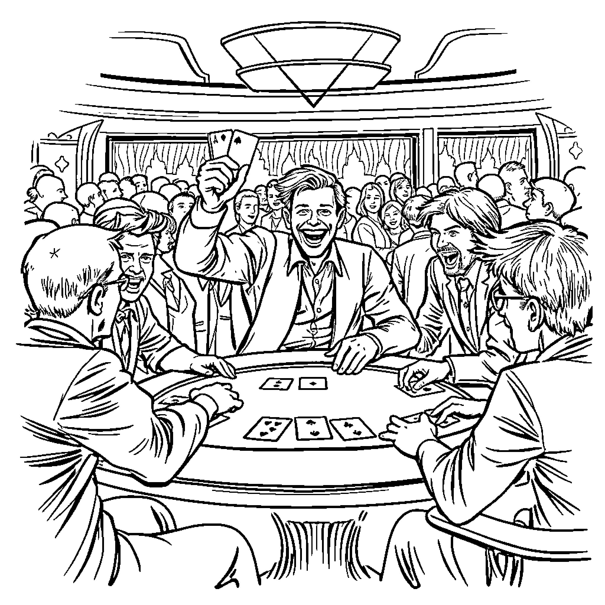 Poker Game in Glamorous Casino Setting Coloring Page (free black-and-white line drawing printable PDF for all, from beginners to advanced learners, including children, teens, adults, and seniors)