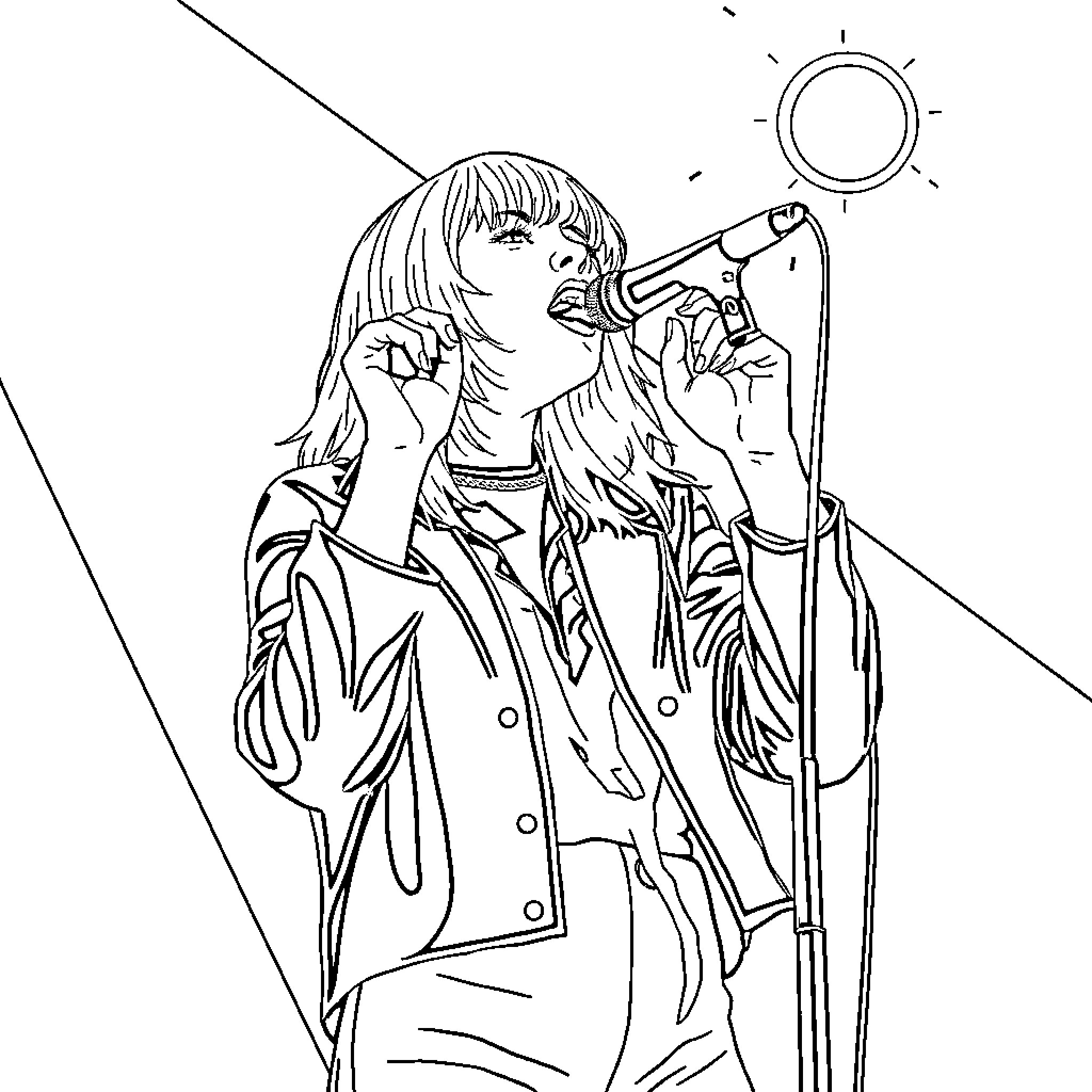 Billie Eilish singing passionately on stage Coloring Page (free black-and-white line drawing printable PDF for all, from beginners to advanced learners, including children, teens, adults, and seniors)