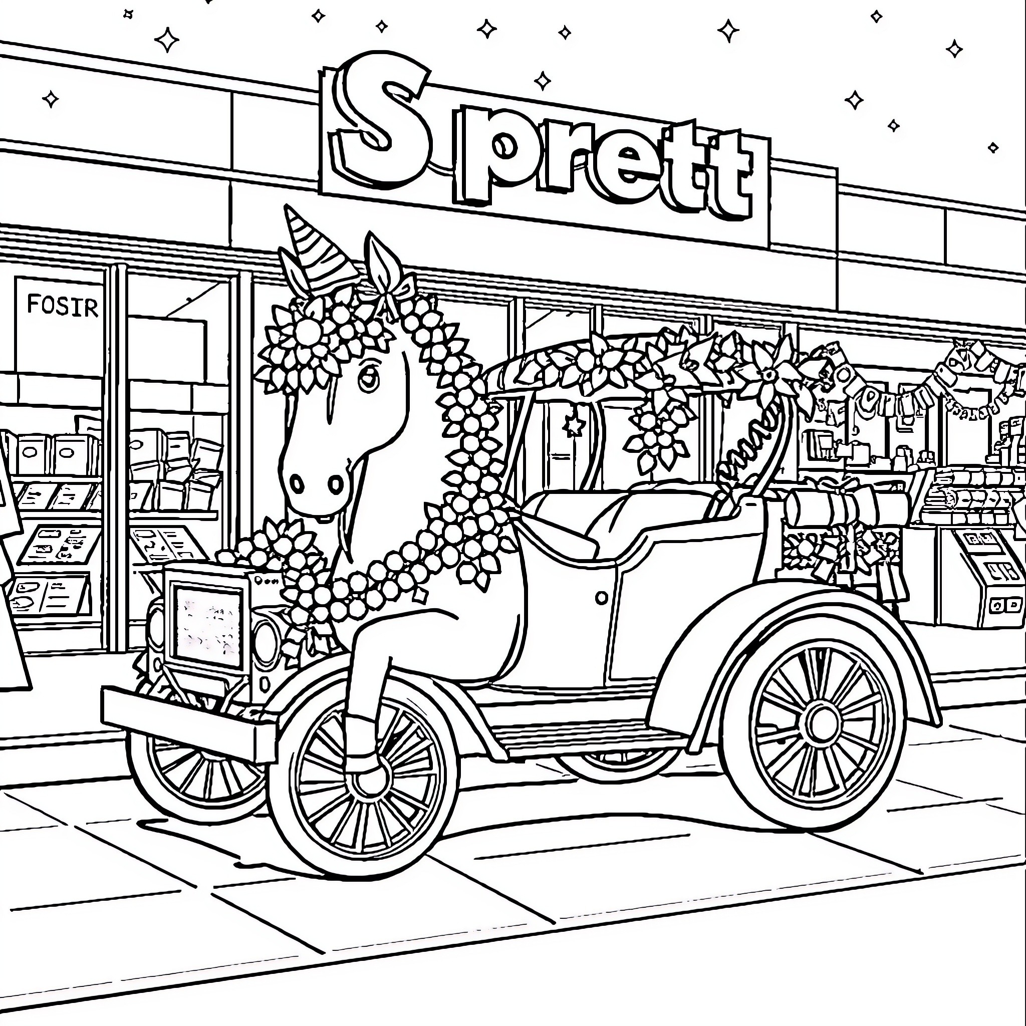 Car parked outside floral retail store Coloring Page (free black-and-white line drawing printable PDF for all, from beginners to advanced learners, including children, teens, adults, and seniors)