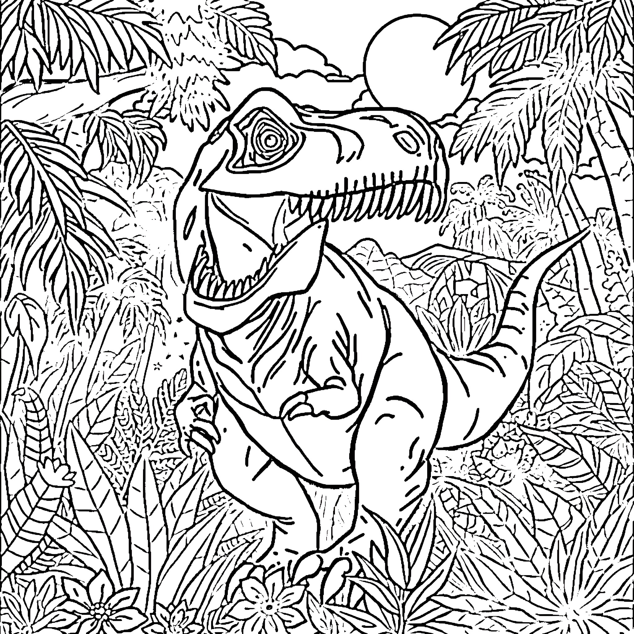 Dinosaur Roaring in Lush Prehistoric Landscape Coloring Page (free black-and-white line drawing printable PDF for all, from beginners to advanced learners, including children, teens, adults, and seniors)