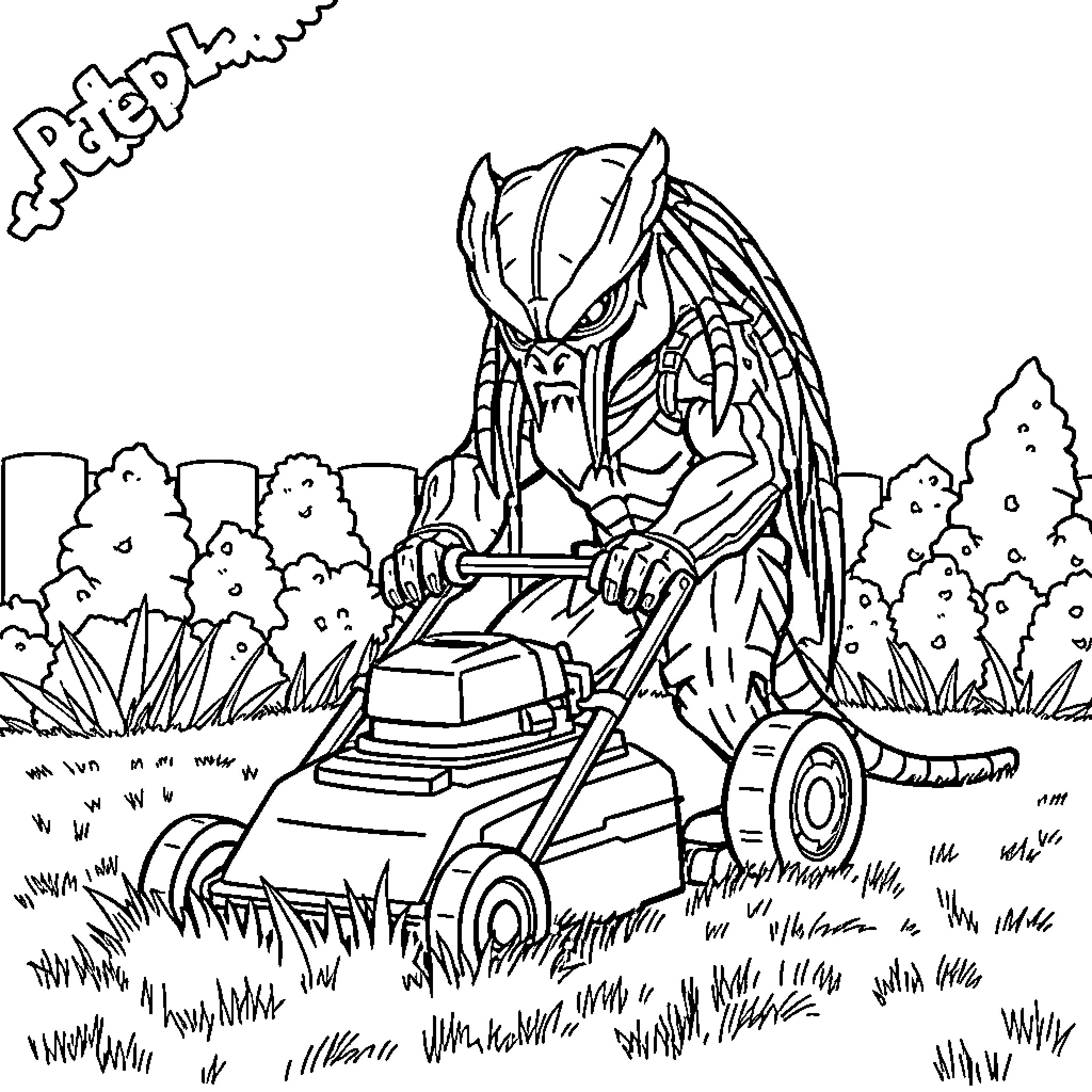 Predator hunting prey with high-tech weaponry in nature Coloring Page (free black-and-white line drawing printable PDF for all, from beginners to advanced learners, including children, teens, adults, and seniors)