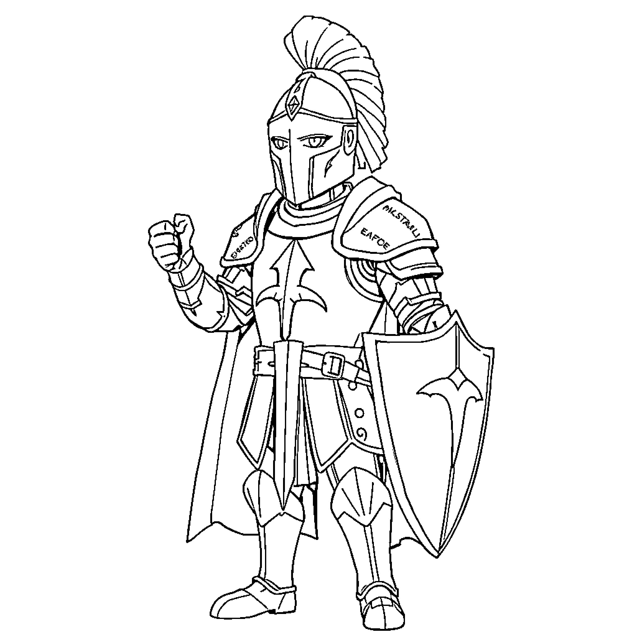 Mackrael the Warrior Adorned in Armor Coloring Page (free black-and-white line drawing printable PDF for all, from beginners to advanced learners, including children, teens, adults, and seniors)