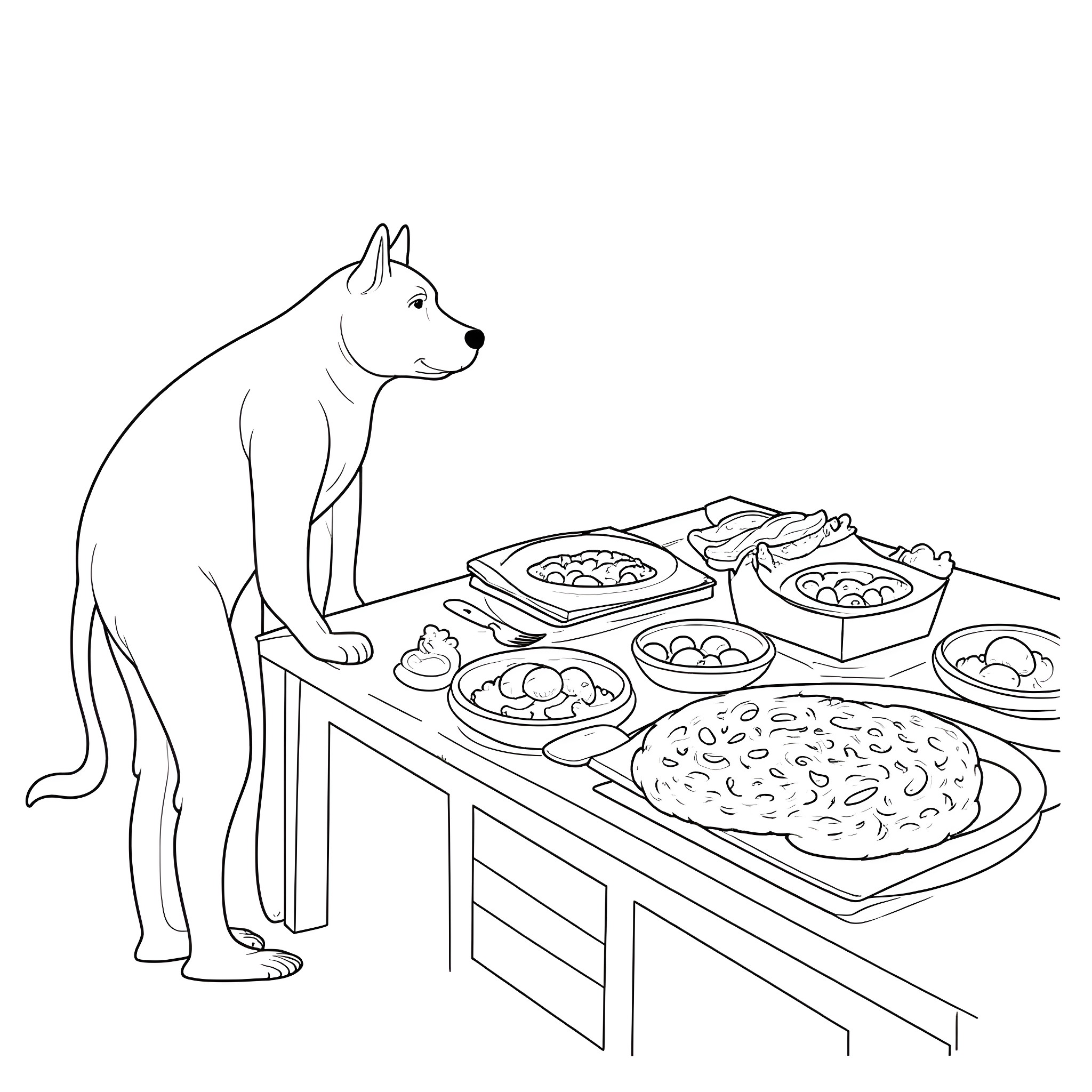 Morrissey examining the tempting food spread on the table Coloring Page (free black-and-white line drawing printable PDF for all, from beginners to advanced learners, including children, teens, adults, and seniors)