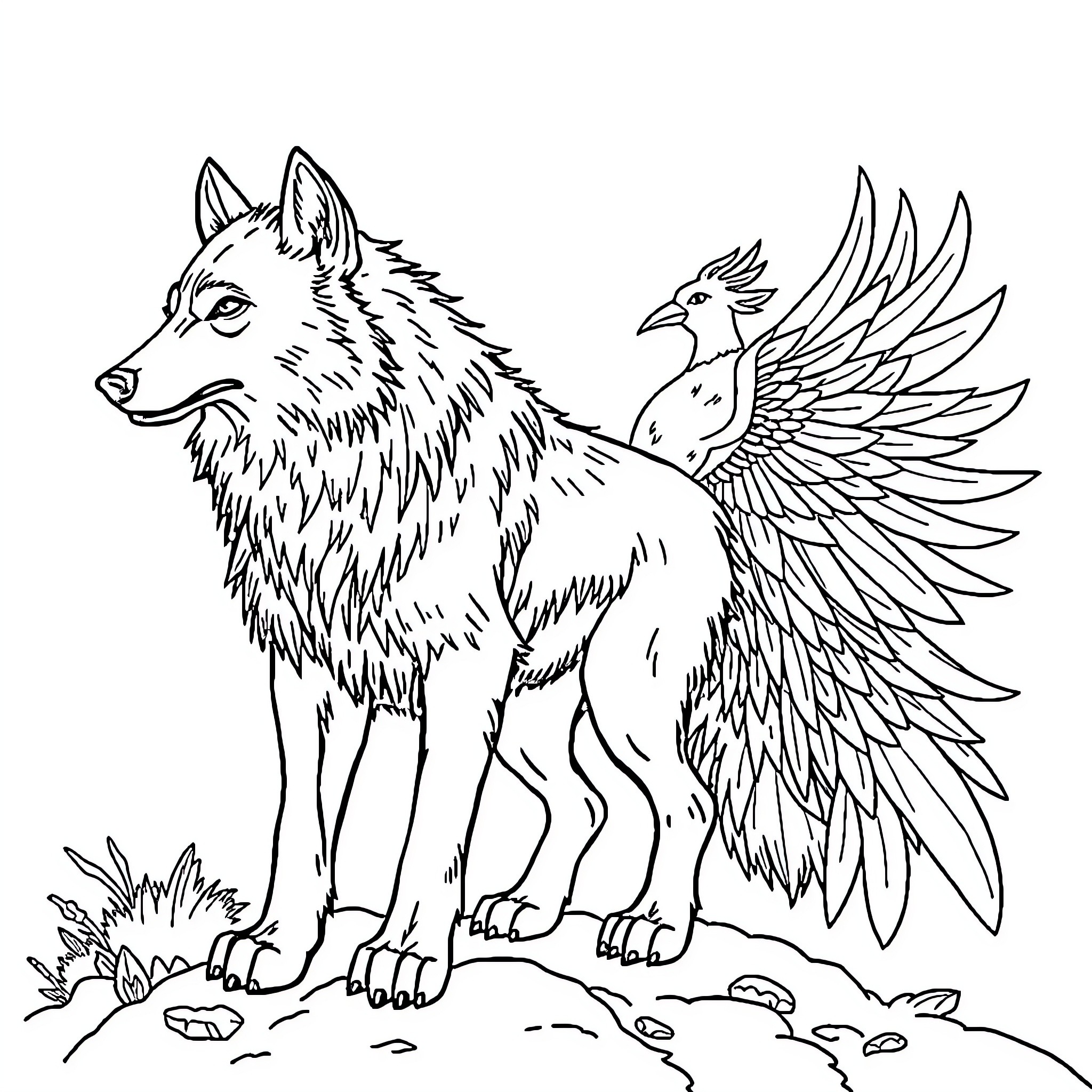 Wolf with majestic wings soaring through the wilderness Coloring Page (free black-and-white line drawing printable PDF for all, from beginners to advanced learners, including children, teens, adults, and seniors)
