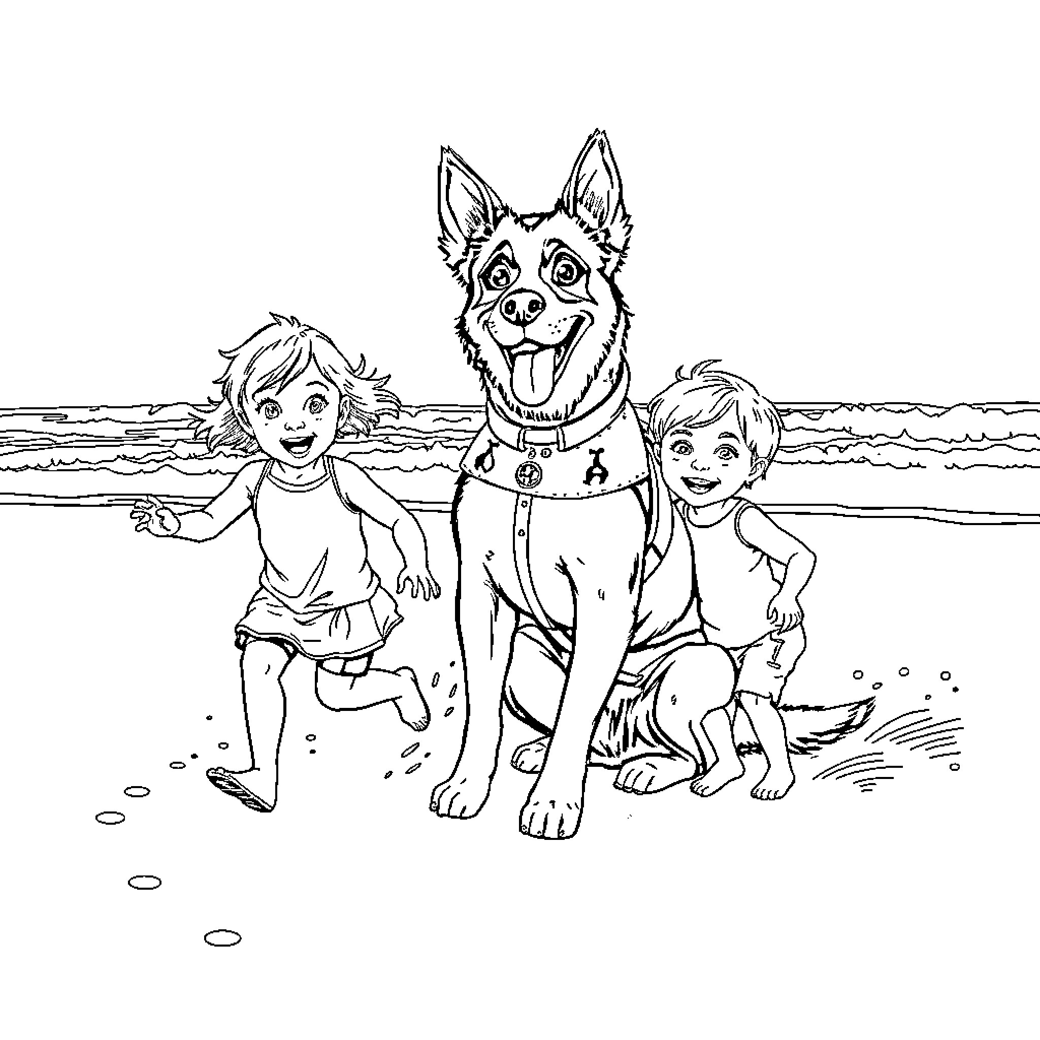 Patrulla Canina Enjoying a Day at the Beach Coloring Page (free black-and-white line drawing printable PDF for all, from beginners to advanced learners, including children, teens, adults, and seniors)