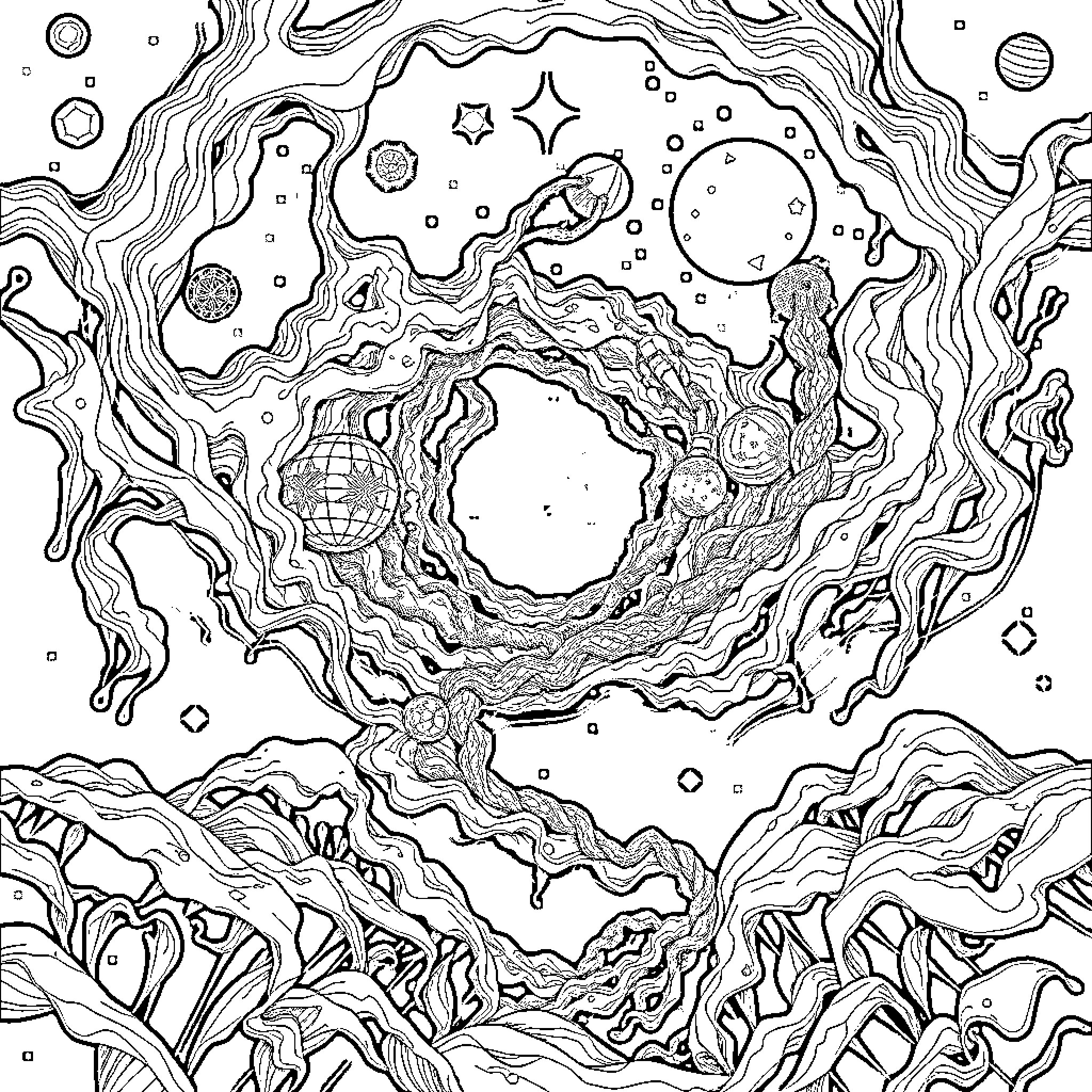 Dimension of Abstract Cosmic Landscapes Coloring Page (free black-and-white line drawing printable PDF for all, from beginners to advanced learners, including children, teens, adults, and seniors)