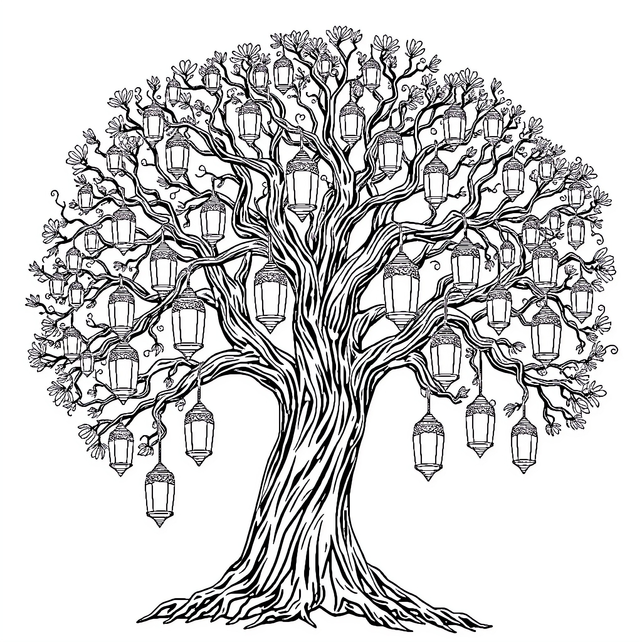 Tree of Lanterns Coloring Page (free black-and-white line drawing printable PDF for all, from beginners to advanced learners, including children, teens, adults, and seniors)