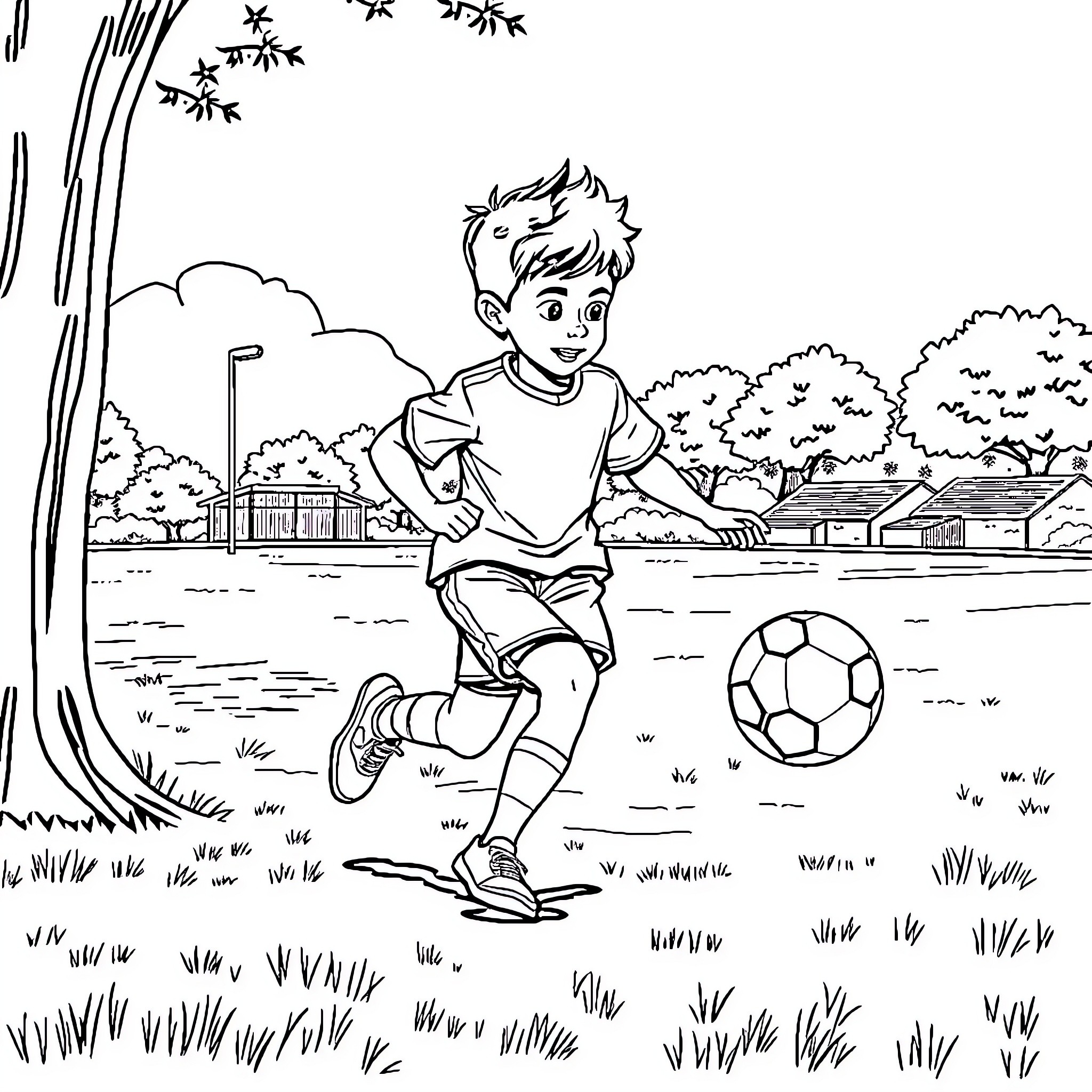 Child playing soccer outdoors on a field Coloring Page (free black-and-white line drawing printable PDF for all, from beginners to advanced learners, including children, teens, adults, and seniors)