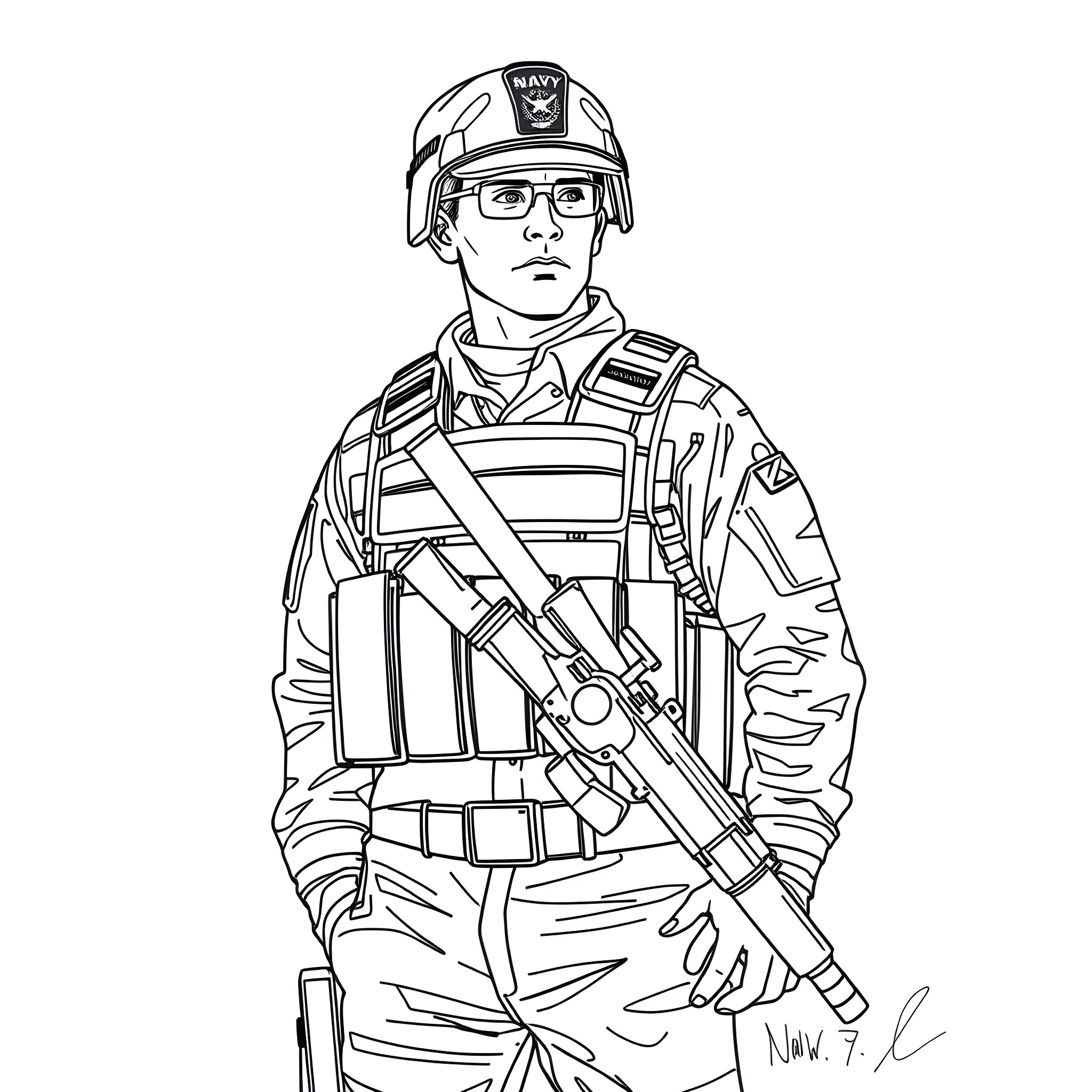 Master at Arms in Military Uniform and Gear Coloring Page (free black-and-white line drawing printable PDF for all, from beginners to advanced learners, including children, teens, adults, and seniors)