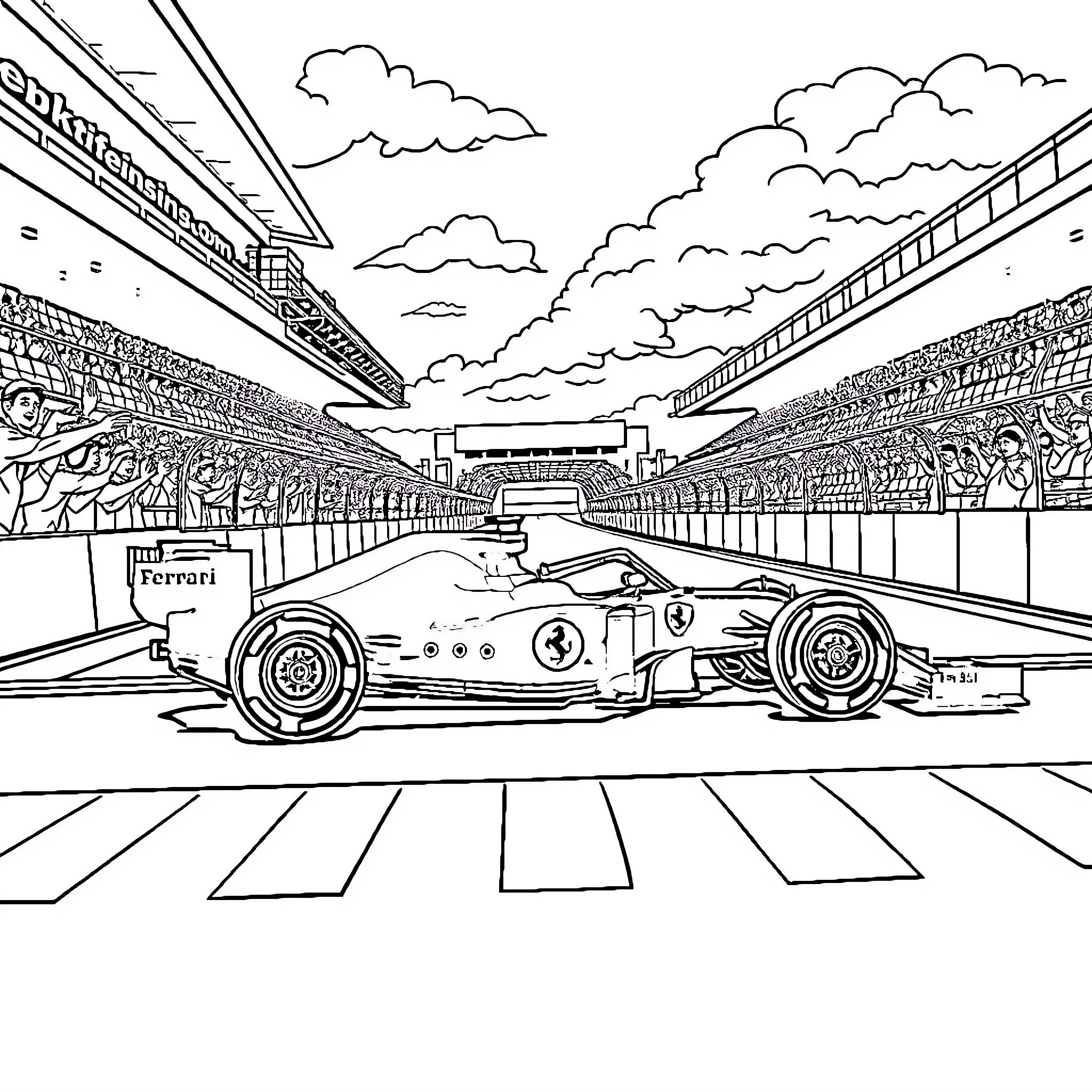 Ferrari Race Car in Grand Prix Circuit Coloring Page (free black-and-white line drawing printable PDF for all, from beginners to advanced learners, including children, teens, adults, and seniors)