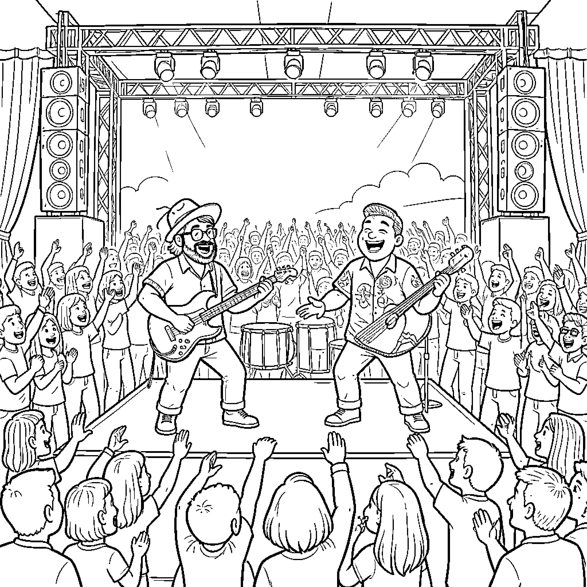 Cat musicians performing on a concert stage Coloring Page (free black-and-white line drawing printable PDF for all, from beginners to advanced learners, including children, teens, adults, and seniors)