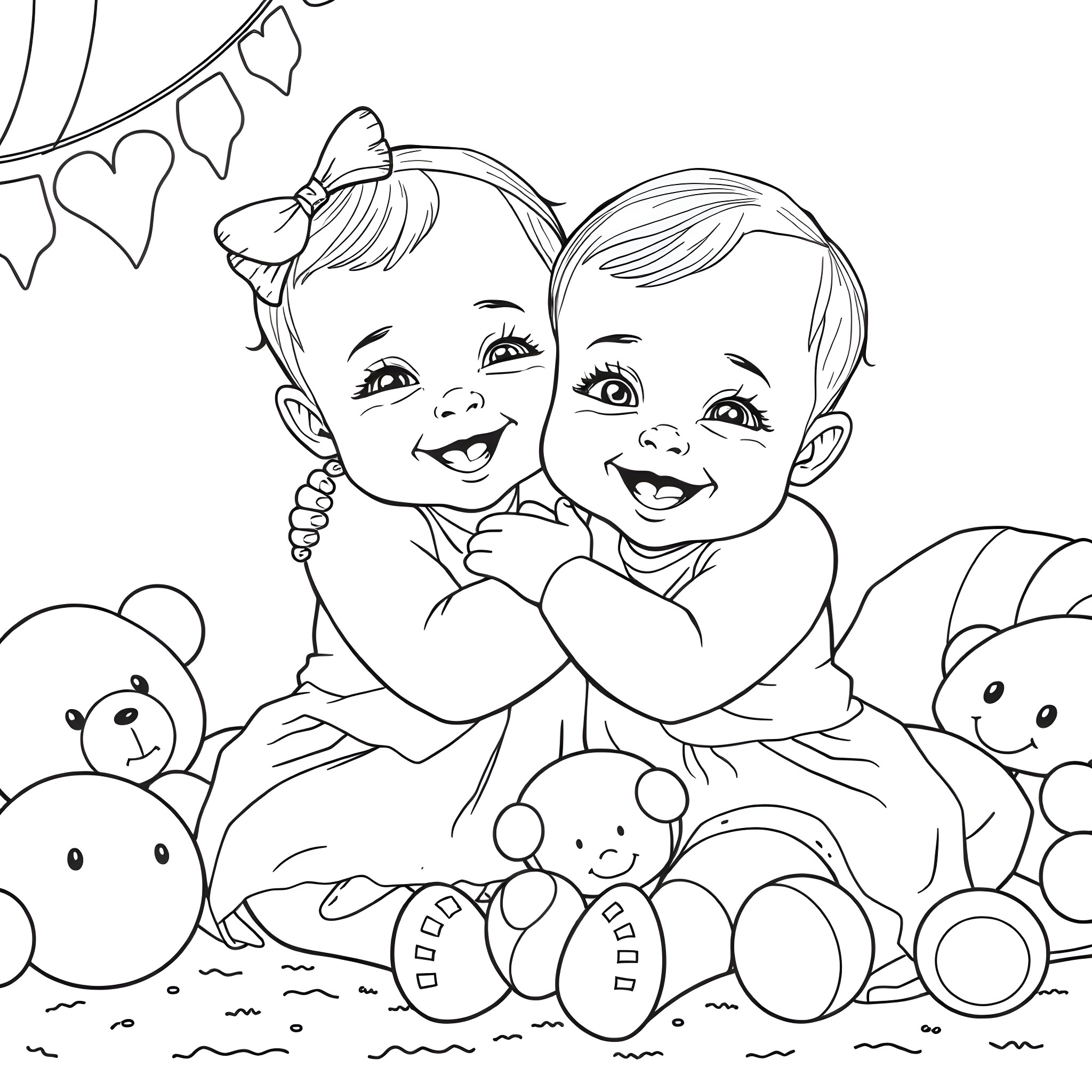 Twin Siblings Hugging and Smiling Happily Coloring Page (free black-and-white line drawing printable PDF for all, from beginners to advanced learners, including children, teens, adults, and seniors)