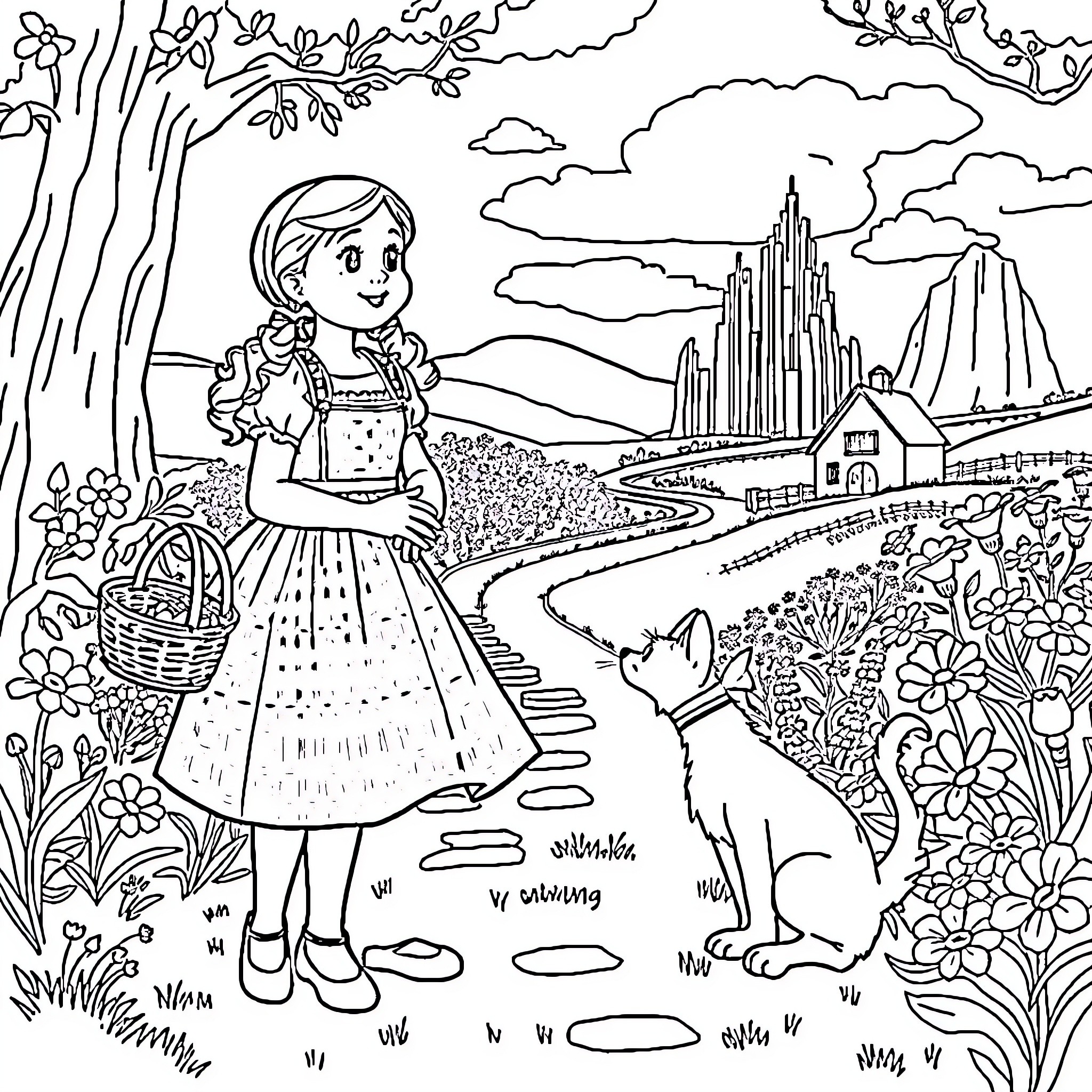 Dorothy's Enchanting Adventure in the Magical Land Coloring Page (free black-and-white line drawing printable PDF for all, from beginners to advanced learners, including children, teens, adults, and seniors)