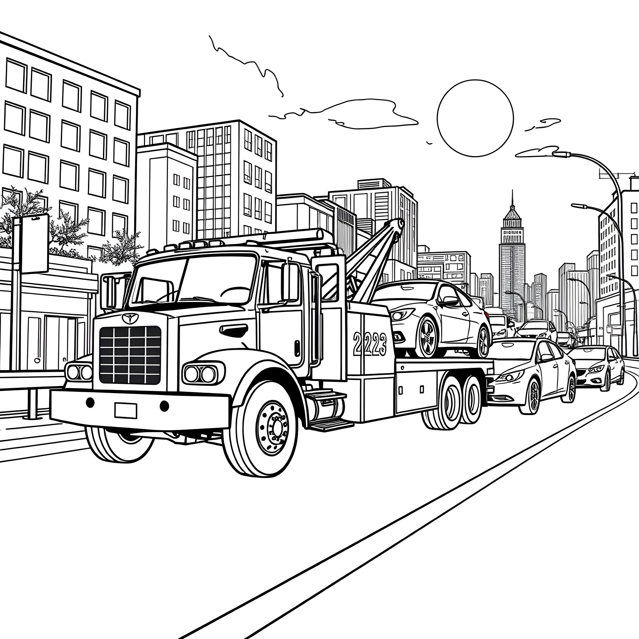 Tow Truck Rescuing Cars in the City Coloring Page (free black-and-white line drawing printable PDF for all, from beginners to advanced learners, including children, teens, adults, and seniors)
