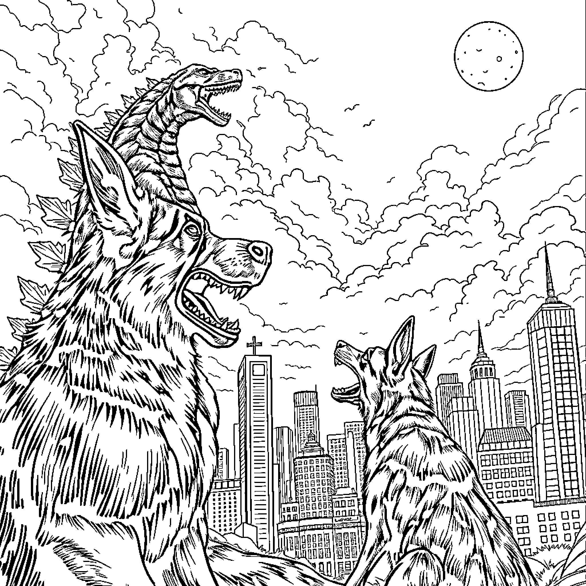 German Shepherd Werewolves Howling at the Moon in the City Coloring Page (free black-and-white line drawing printable PDF for all, from beginners to advanced learners, including children, teens, adults, and seniors)