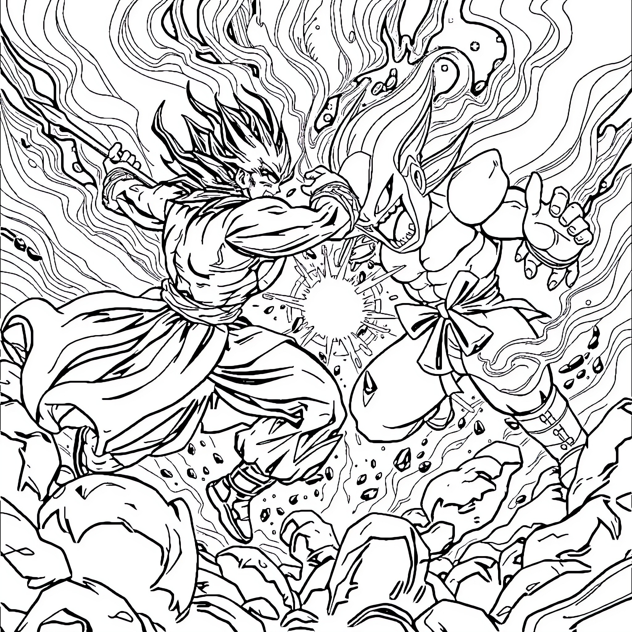 Zagreus' Fiery Ascent Amidst the Chaos Coloring Page (free black-and-white line drawing printable PDF for all, from beginners to advanced learners, including children, teens, adults, and seniors)