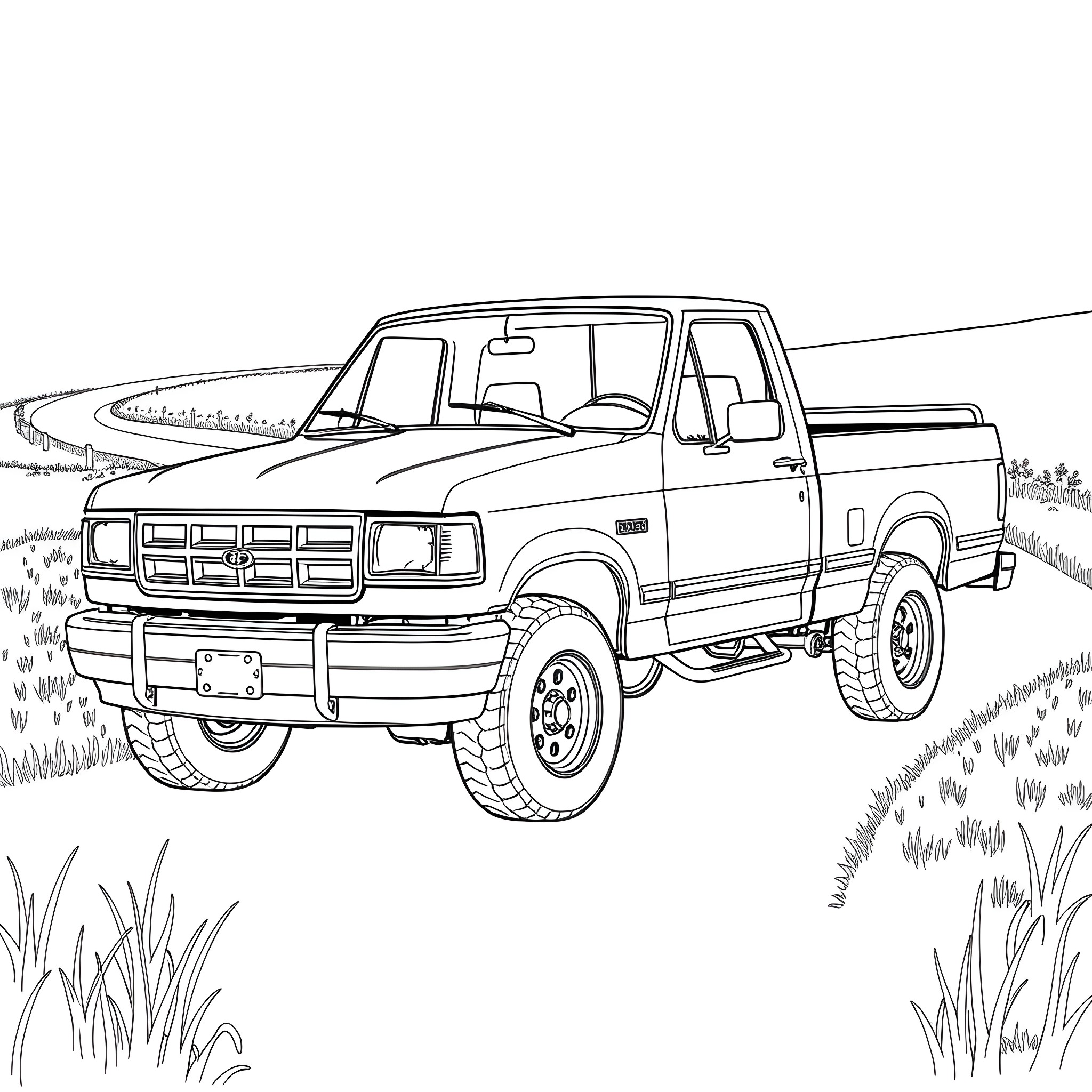 Ram Truck Traversing Rugged Terrain Coloring Page (free black-and-white line drawing printable PDF for all, from beginners to advanced learners, including children, teens, adults, and seniors)