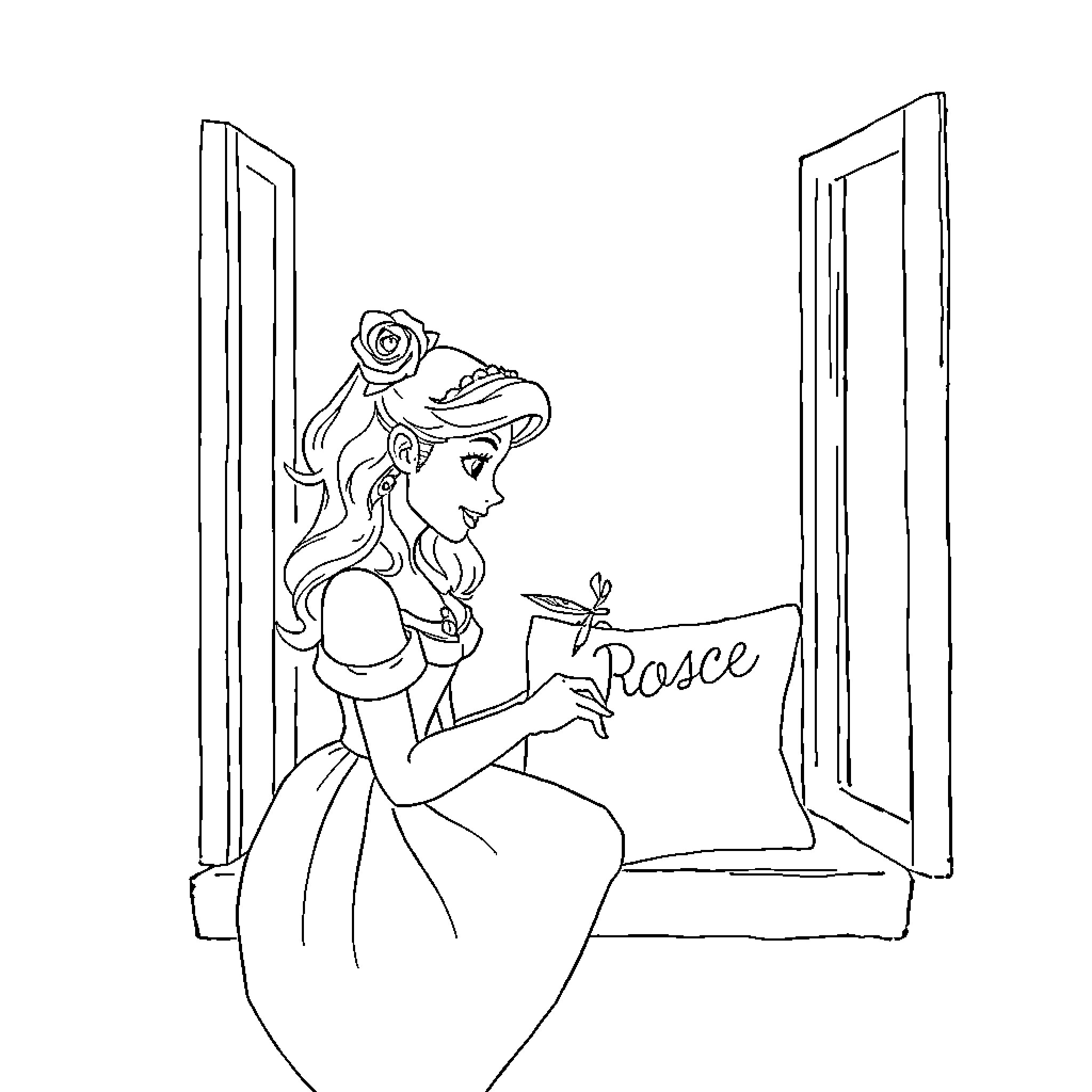 Rapunzel holding a rose in a doorway Coloring Page (free black-and-white line drawing printable PDF for all, from beginners to advanced learners, including children, teens, adults, and seniors)