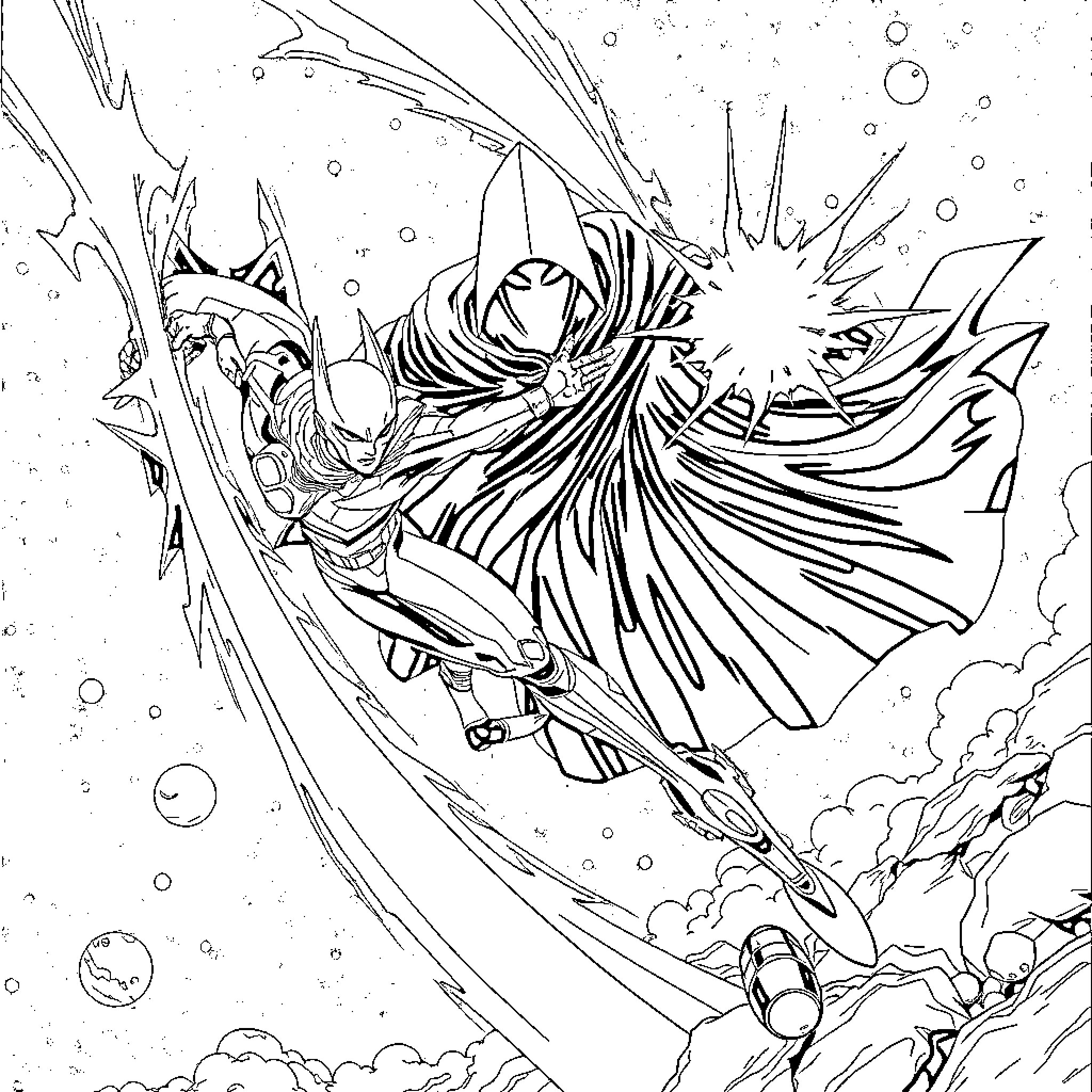 Supersonic Clash of Cosmic Forces Coloring Page (free black-and-white line drawing printable PDF for all, from beginners to advanced learners, including children, teens, adults, and seniors)