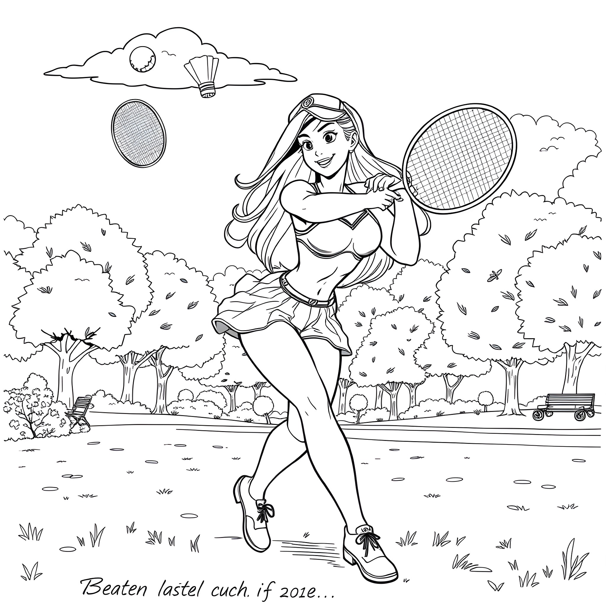 Darna playing tennis in the park Coloring Page (free black-and-white line drawing printable PDF for all, from beginners to advanced learners, including children, teens, adults, and seniors)