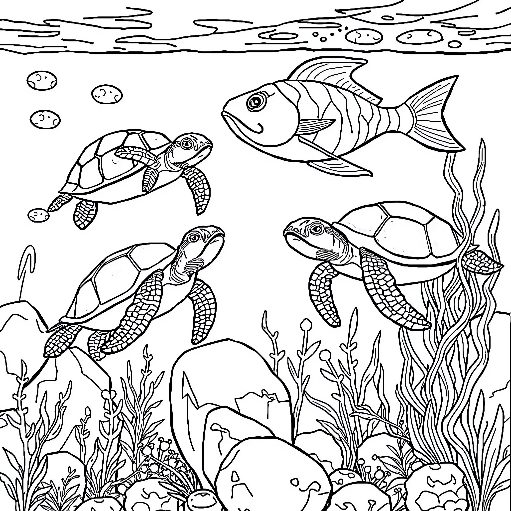 Turtle swimming with fish in underwater scene Coloring Page (free black-and-white line drawing printable PDF for all, from beginners to advanced learners, including children, teens, adults, and seniors)