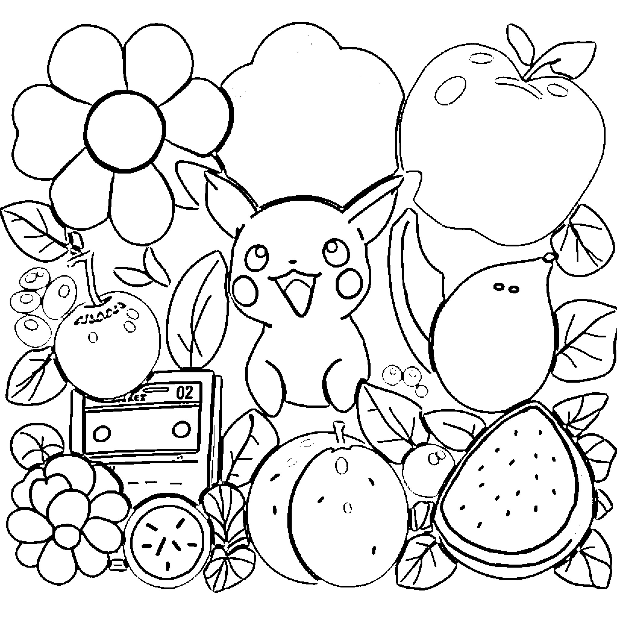 Pokeman characters in a floral garden scene Coloring Page (free black-and-white line drawing printable PDF for all, from beginners to advanced learners, including children, teens, adults, and seniors)