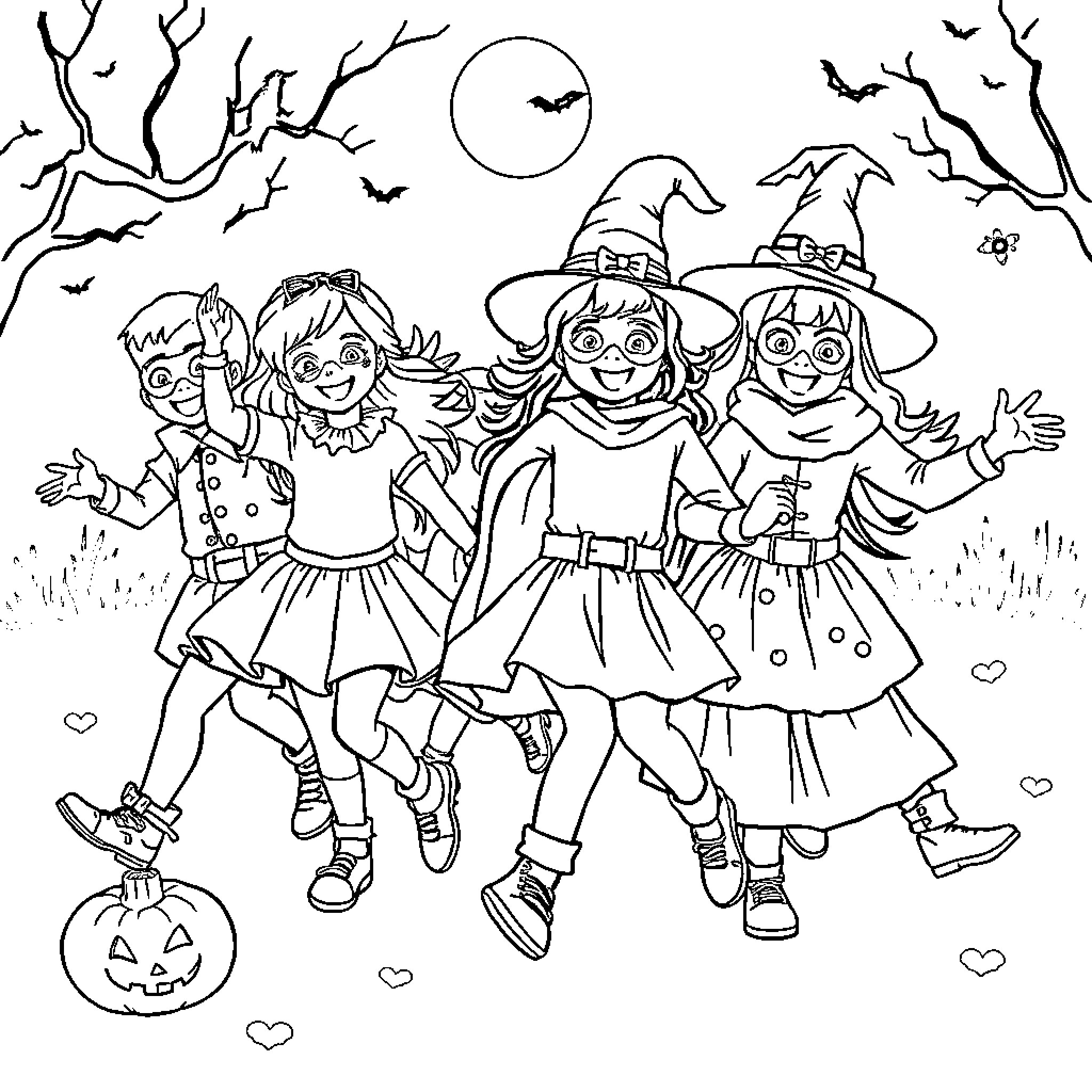 Child witches celebrating Halloween together Coloring Page (free black-and-white line drawing printable PDF for all, from beginners to advanced learners, including children, teens, adults, and seniors)