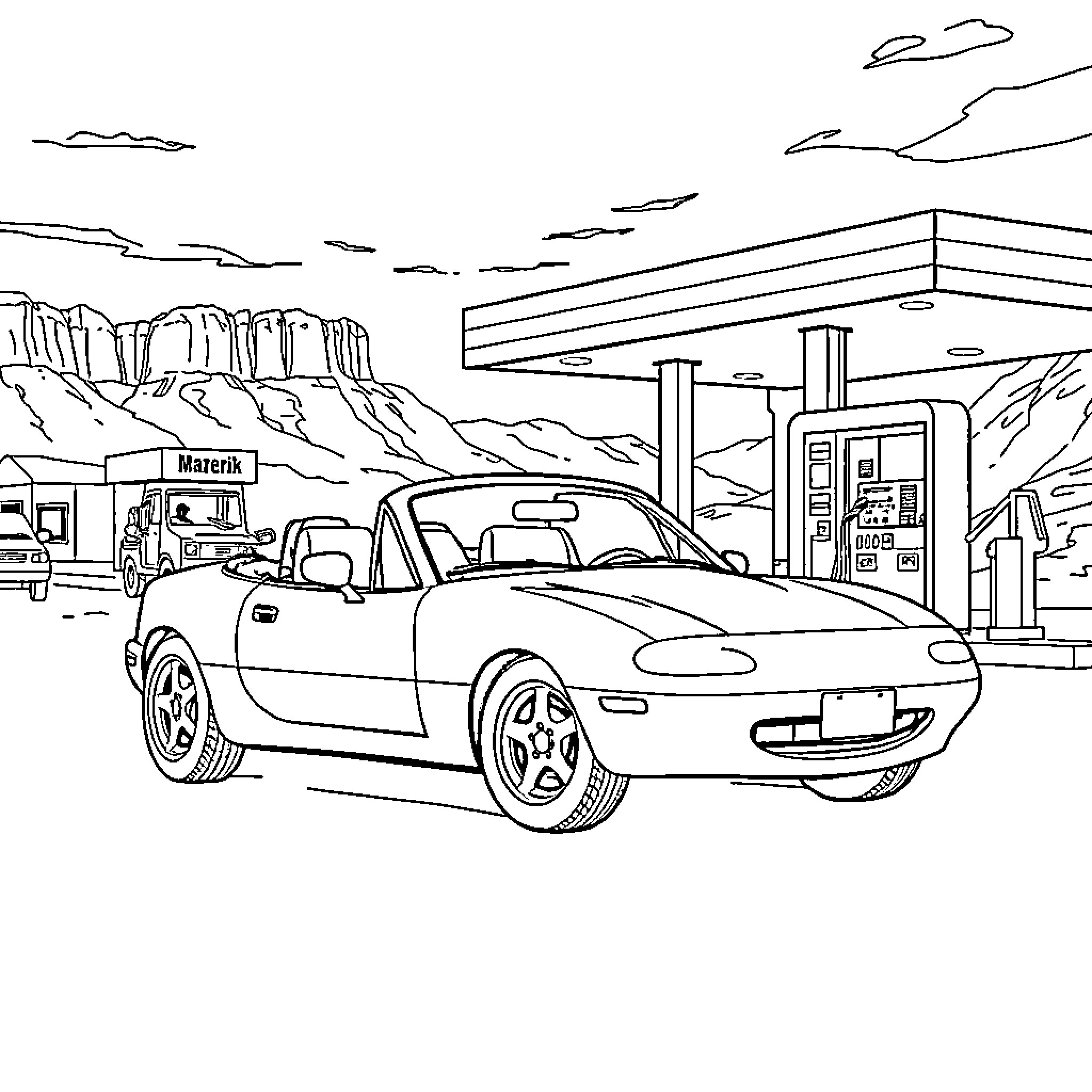 Mazda Miata refueling at the desert gas station Coloring Page (free black-and-white line drawing printable PDF for all, from beginners to advanced learners, including children, teens, adults, and seniors)