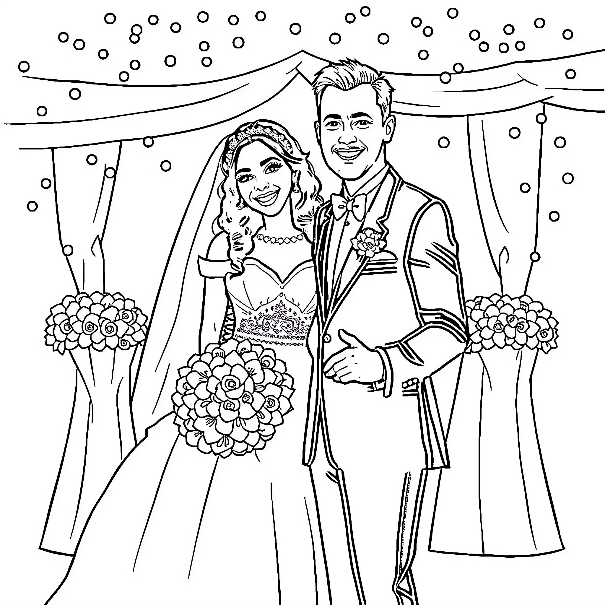 Wedding Celebration of Bride and Groom Coloring Page (free black-and-white line drawing printable PDF for all, from beginners to advanced learners, including children, teens, adults, and seniors)