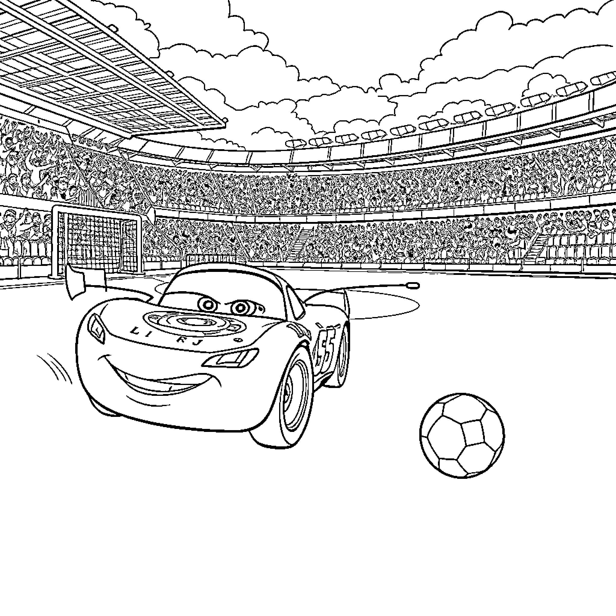Lightning McQueen playing soccer in a stadium Coloring Page (free black-and-white line drawing printable PDF for all, from beginners to advanced learners, including children, teens, adults, and seniors)
