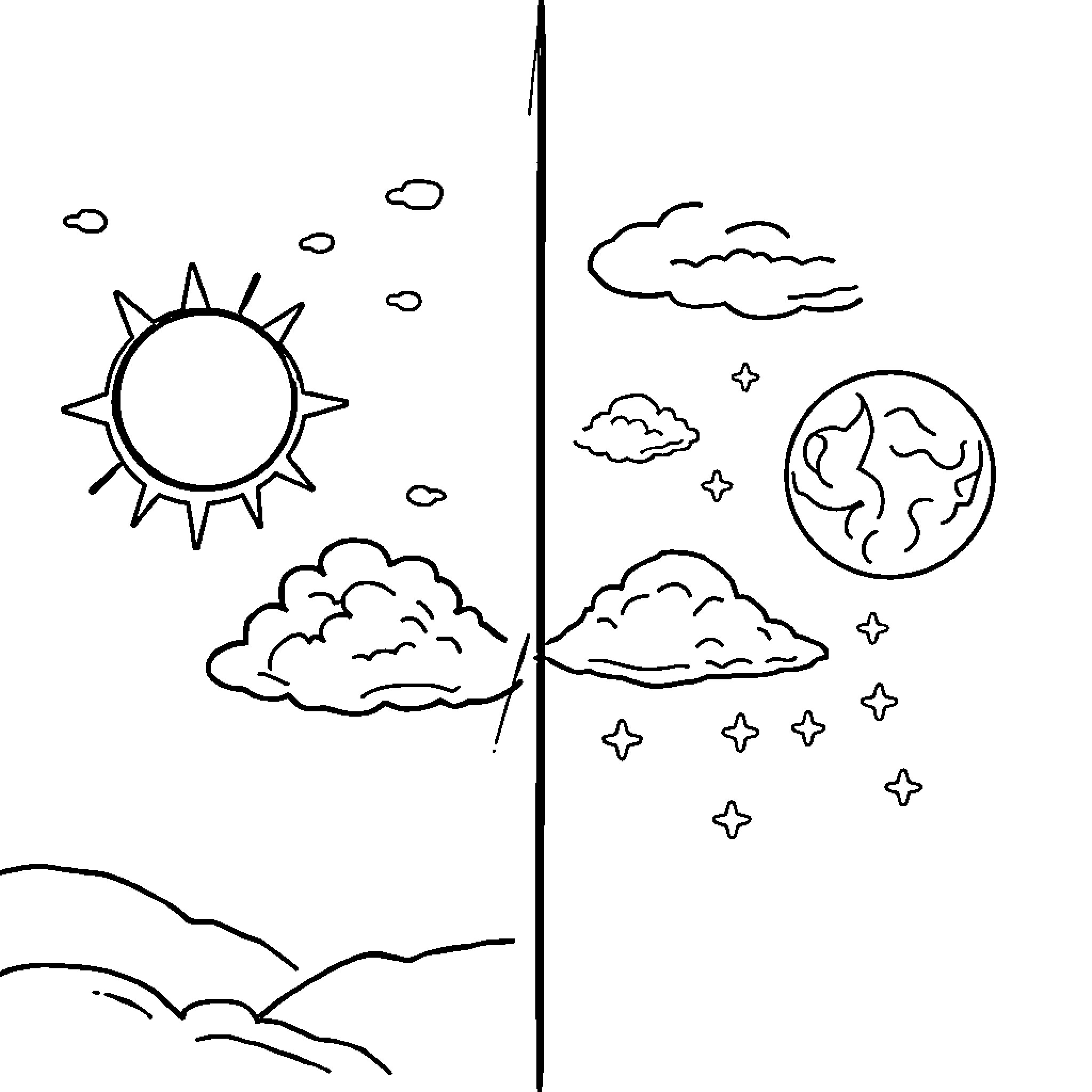 Day and Night Landscapes and Celestial Objects Coloring Page (free black-and-white line drawing printable PDF for all, from beginners to advanced learners, including children, teens, adults, and seniors)