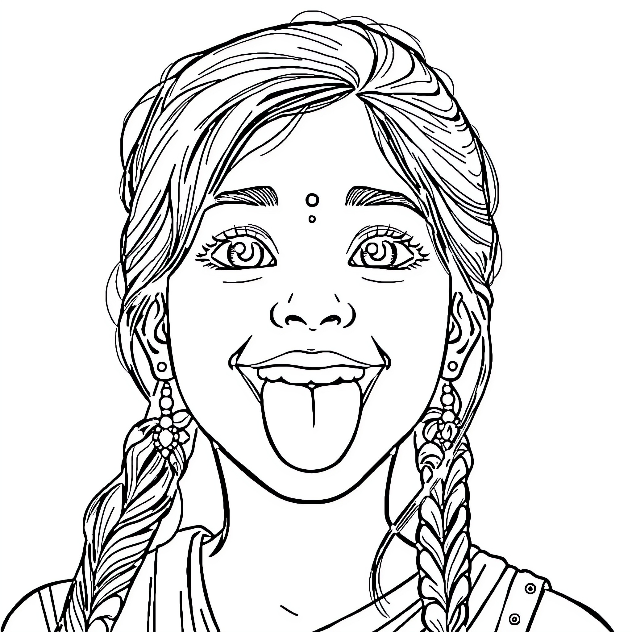 Girl making a silly face with braided hair Coloring Page (free black-and-white line drawing printable PDF for all, from beginners to advanced learners, including children, teens, adults, and seniors)