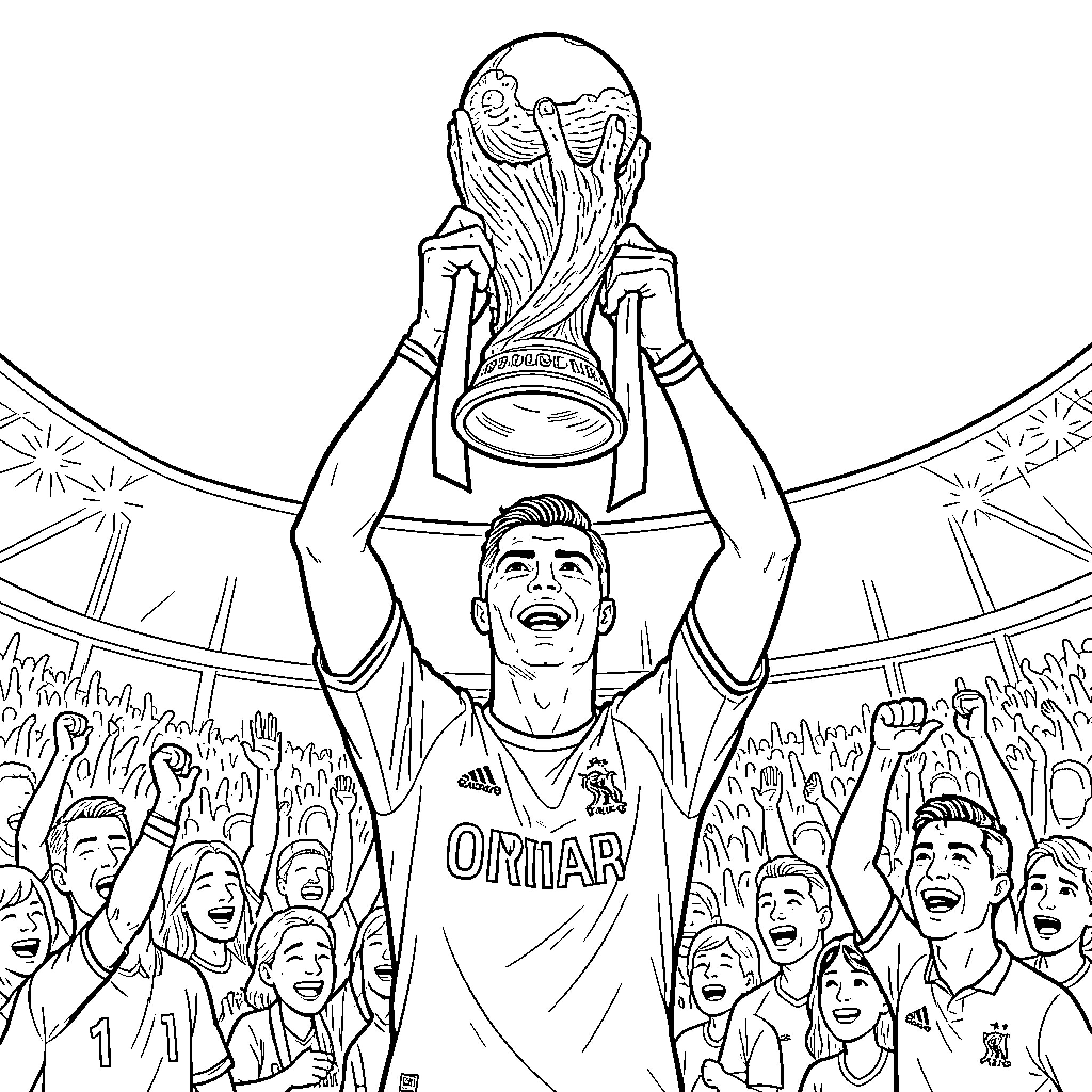 Cristiano Ronaldo lifting a trophy in a stadium Coloring Page (free black-and-white line drawing printable PDF for all, from beginners to advanced learners, including children, teens, adults, and seniors)