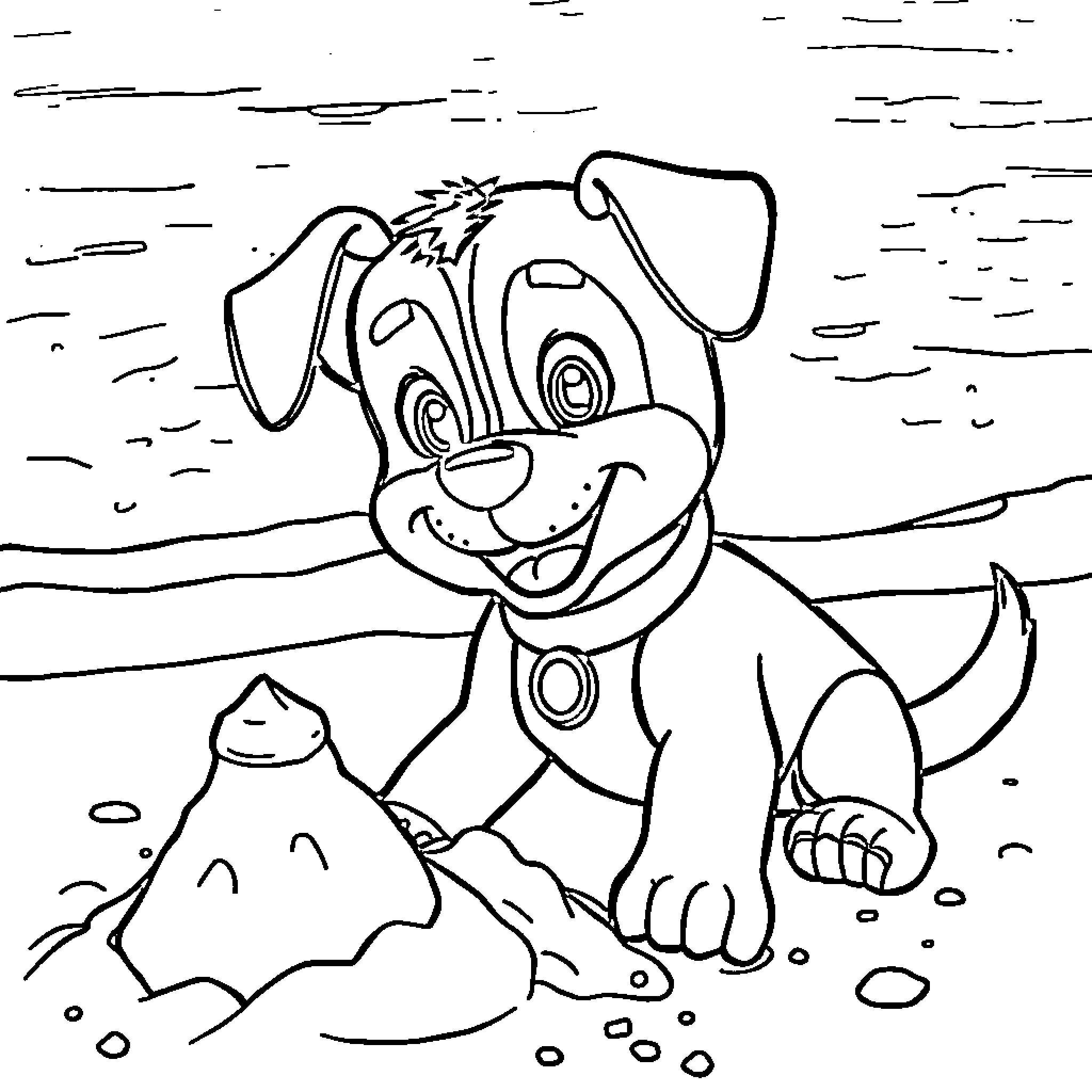 Marshall the Pup's Beach Adventure Coloring Page (free black-and-white line drawing printable PDF for all, from beginners to advanced learners, including children, teens, adults, and seniors)