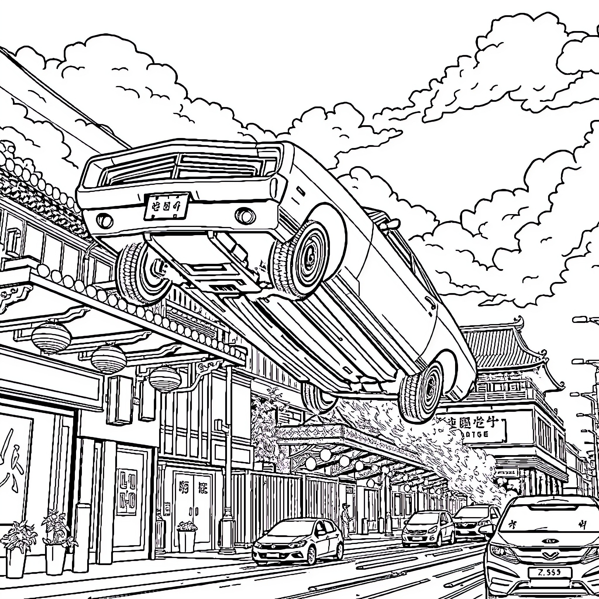 Dodge Charger soaring above the city street Coloring Page (free black-and-white line drawing printable PDF for all, from beginners to advanced learners, including children, teens, adults, and seniors)
